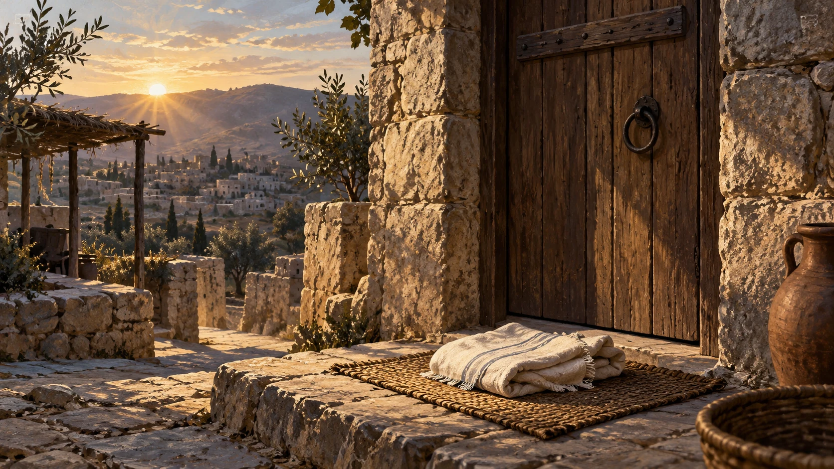 Unopened narrow doorway with folded unused infant cloth outside and stark dawn light, symbolic obstruction and delay; no pregnant body, childbirth anatomy, newborn distress or personal family incident.