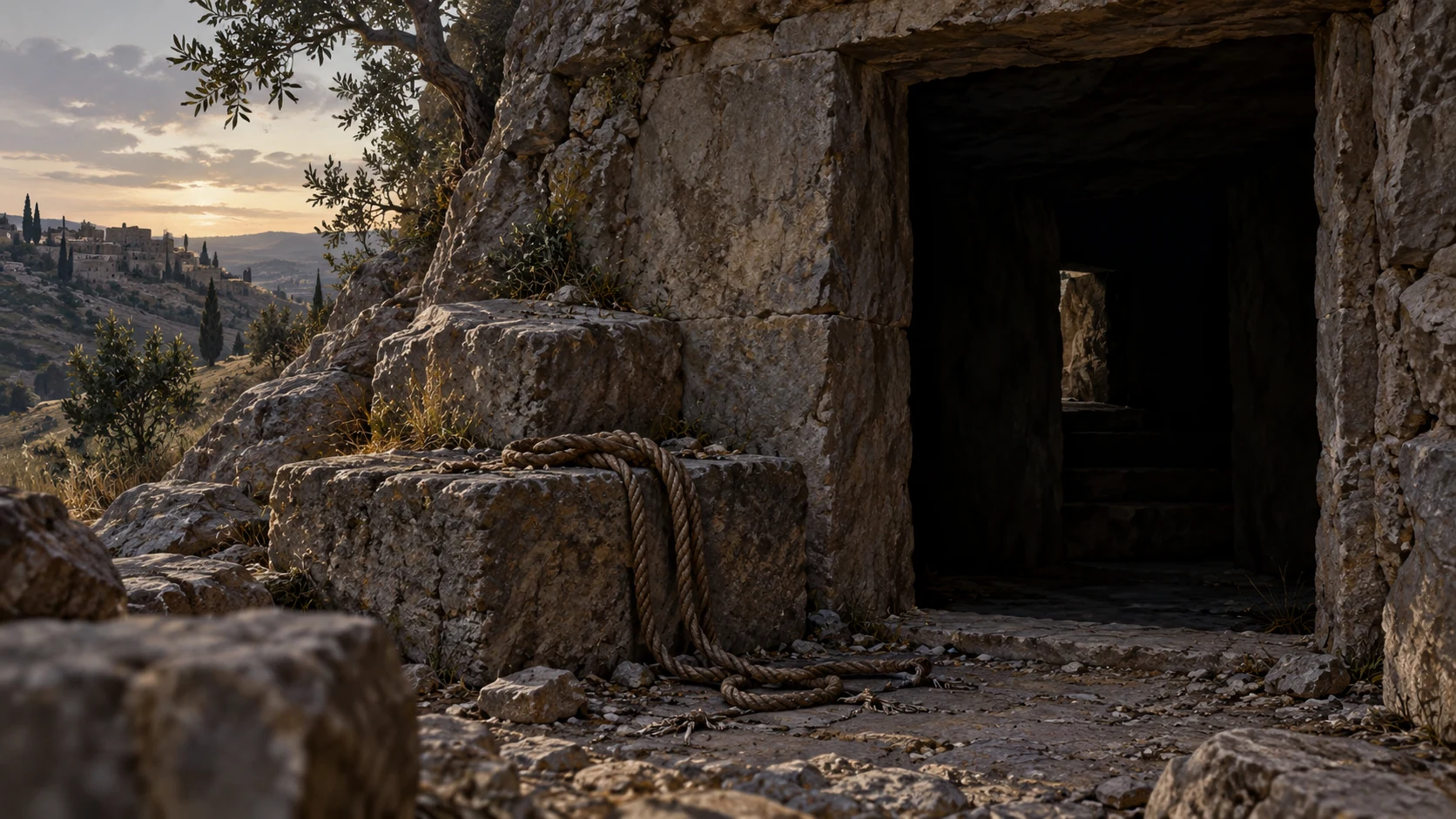 Dark rock-cut burial entrance with ordinary loosened rope and faint natural dawn beyond, no resurrected person, skeleton deity, personified Death or fixed triumphant fulfillment.