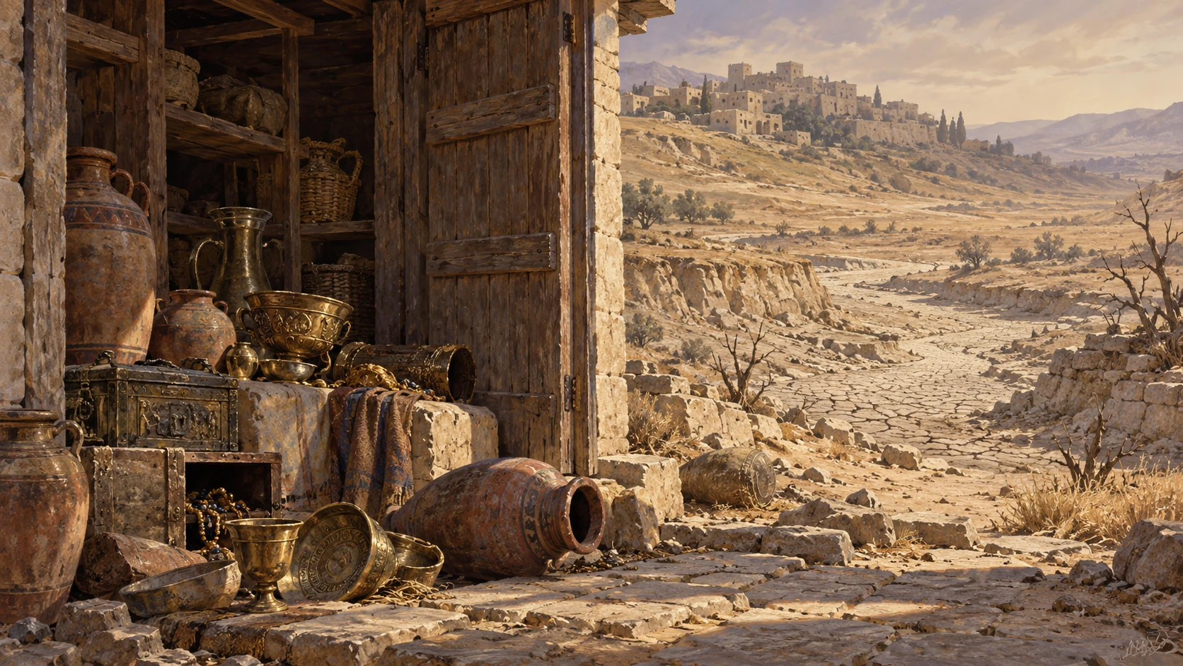 Wide dusty east wind over empty spring channel, foreground open storehouse with scattered precious unmarked vessels, no looters or supernatural wind face, desiccation explicit.