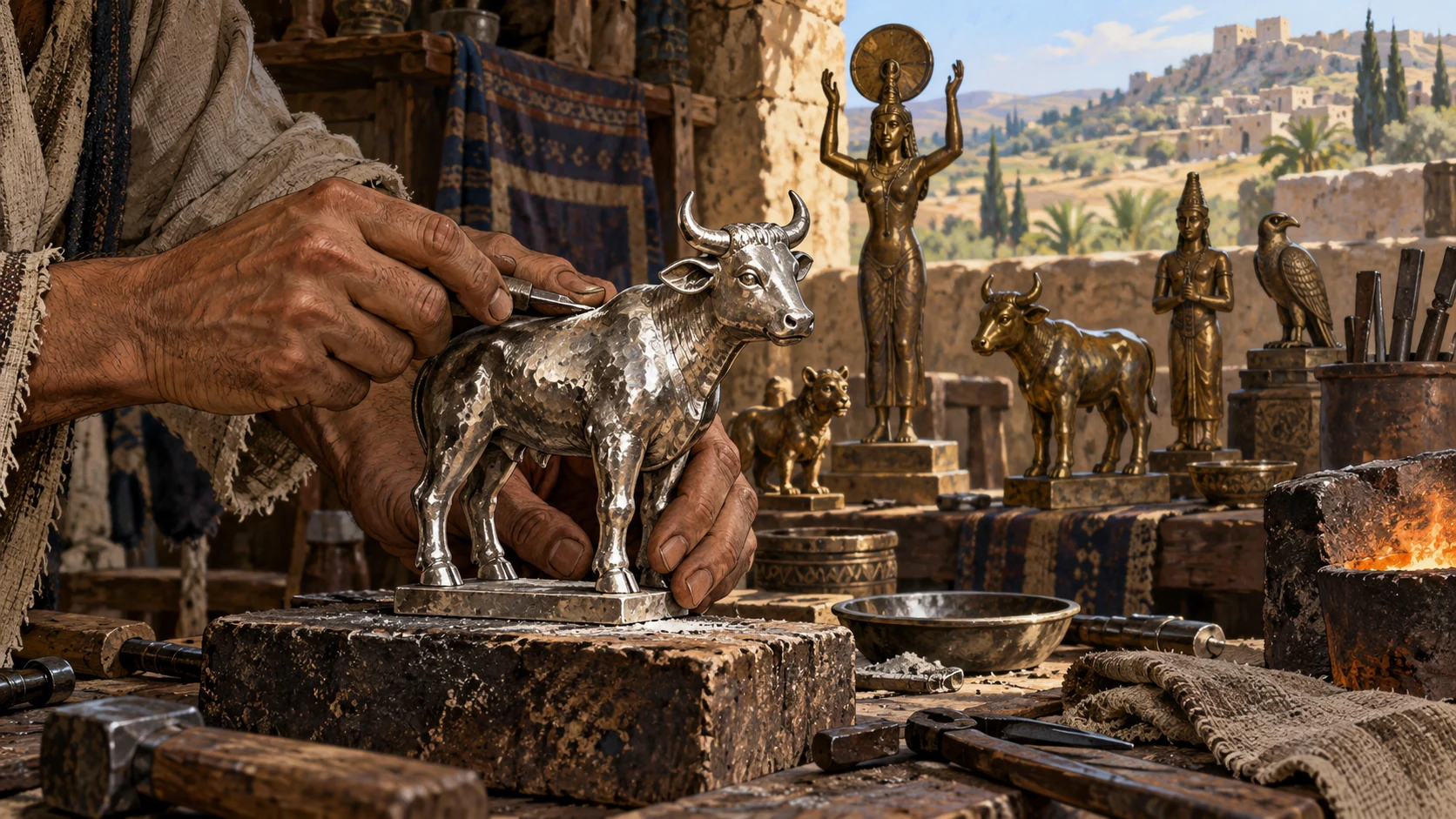 Anonymous adult hands finish small cast silver calf idol on period workbench, other handmade idols behind; no human sacrifice performed, victims, blood or literal kissing staged.