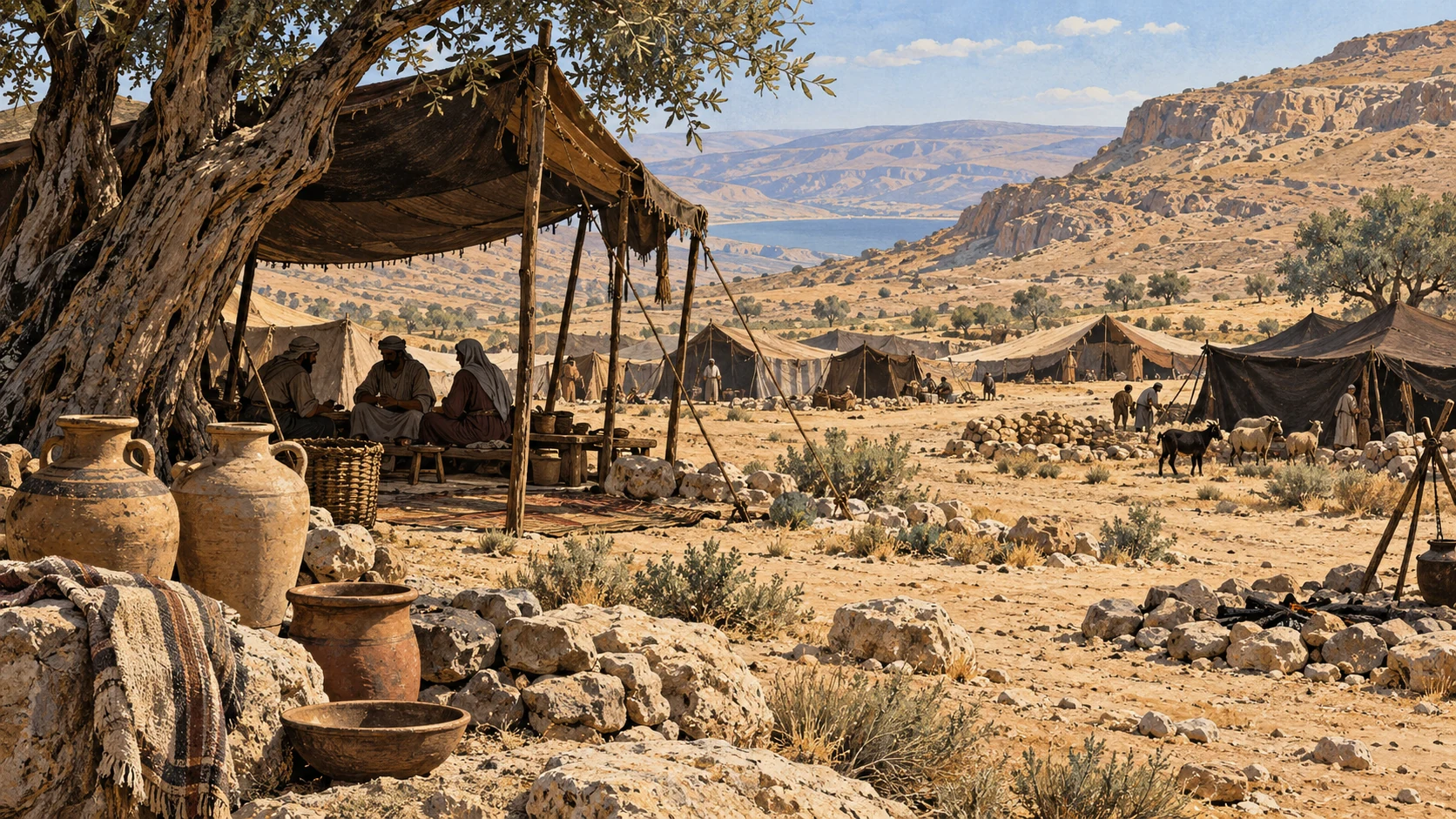 Wide dry desert campsite with plain empty water jars and low tents, tiny anonymous adults in shade, no divine visitor or invented rescue.