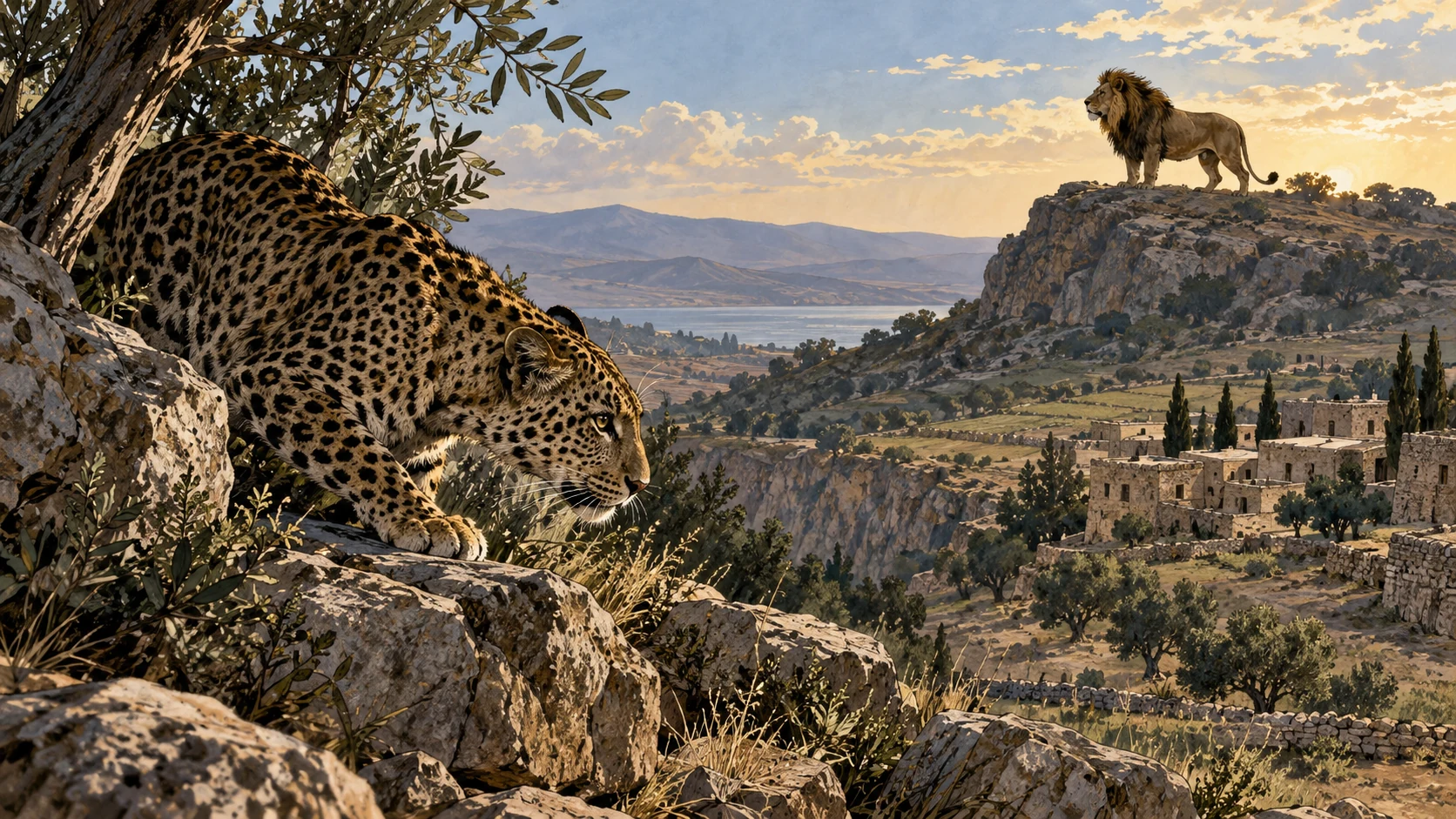 Natural lion at distant ridge and leopard crouched in separate rocky foreground, both anatomically realistic, no attack or divine face, explicit animal simile.
