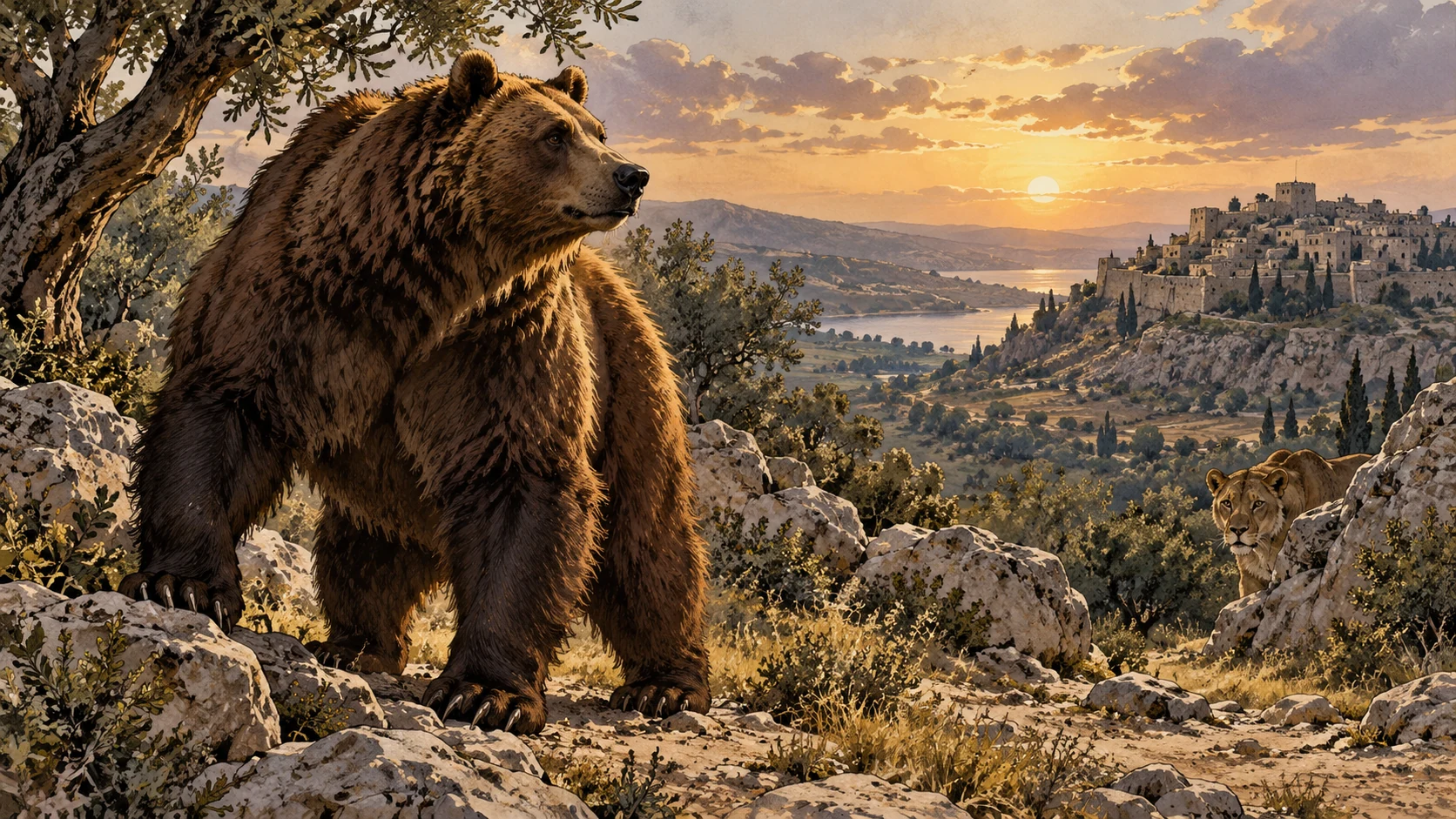 Natural adult bear alert in an empty rocky clearing with distant lioness partly hidden; no cub injury, human victim, torn chest or animal attack. Restrained animal metaphor.