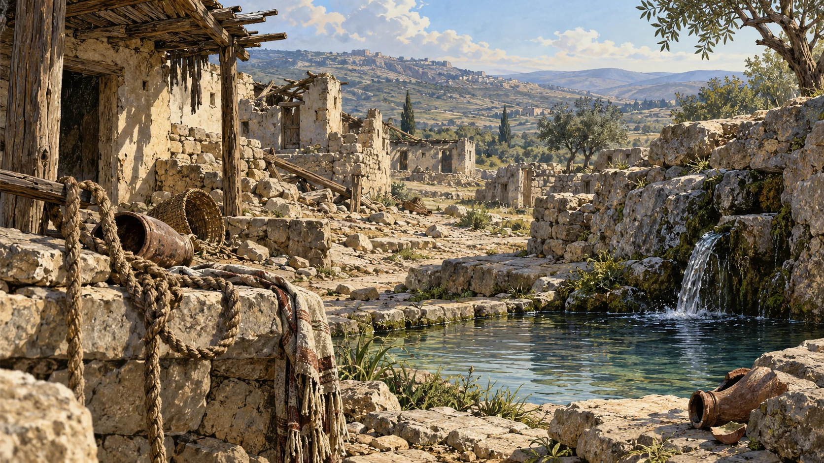 Empty ruined northern settlement beside a still-flowing clear spring, abandoned household rope foreground, no divine person or fixed fulfillment of disputed phrasing.