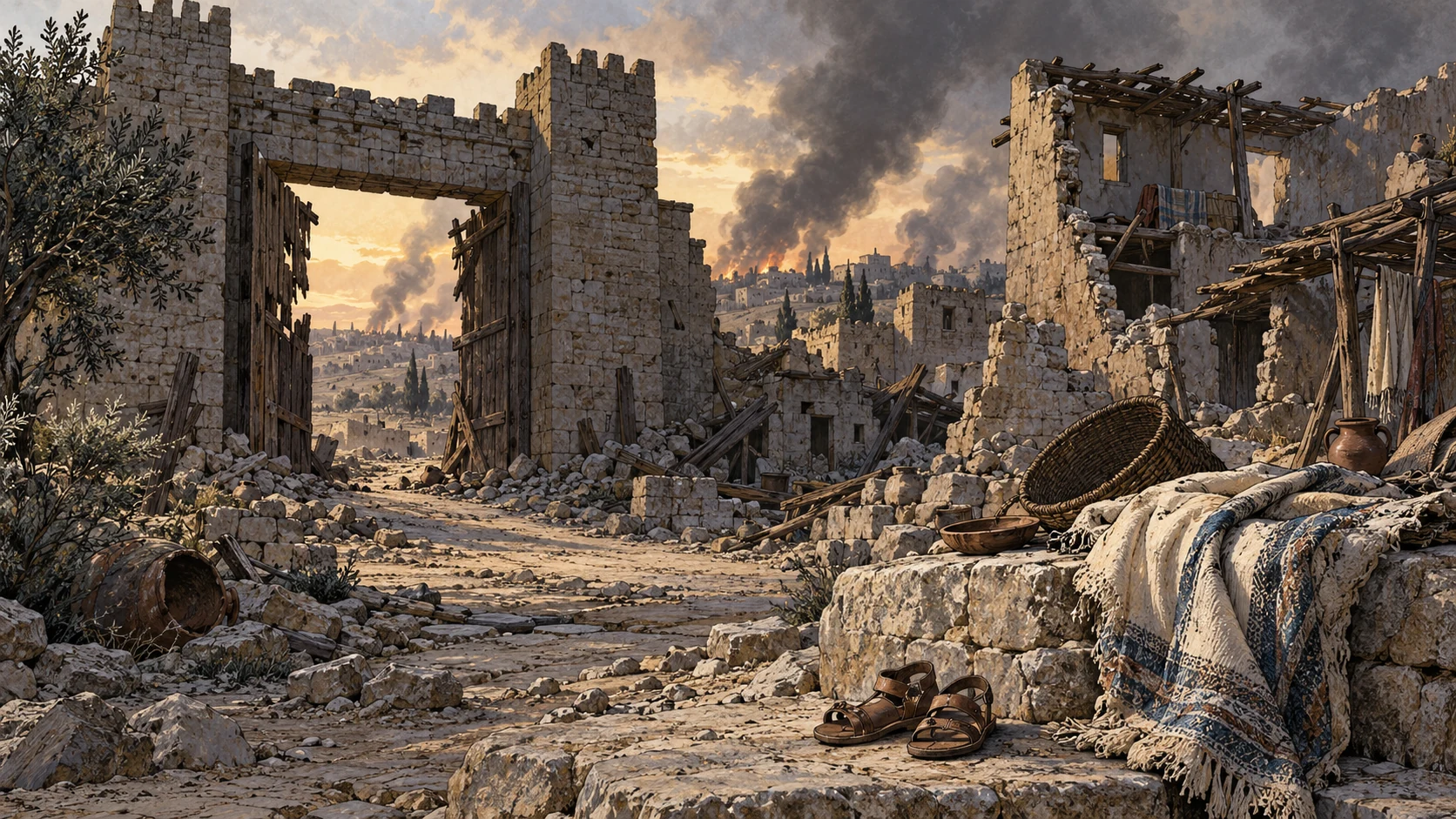 Wide ruined northern city gate and breached houses under smoke, abandoned small child sandals and empty household carrying cloth on foreground stone; no bodies, child violence, pregnant injury or identifiable mother.