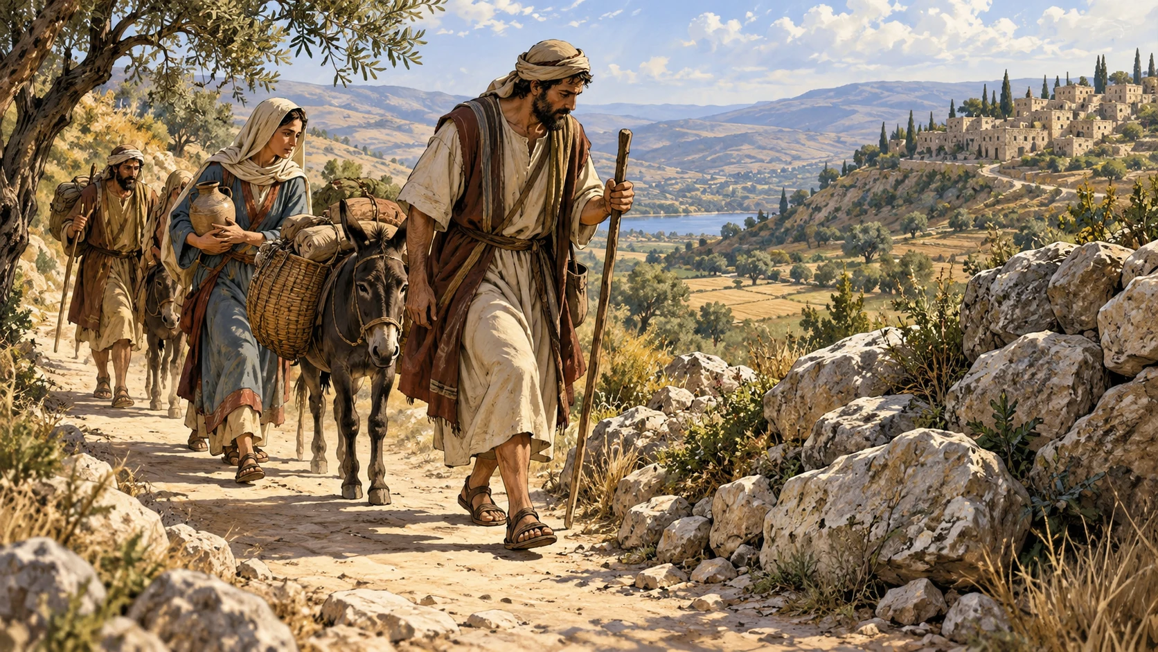 Clear straight ancient path across sunlit hills, anonymous travelers step carefully past rough stones at edge, no invented labels of righteous or sinner, contemplative ending.
