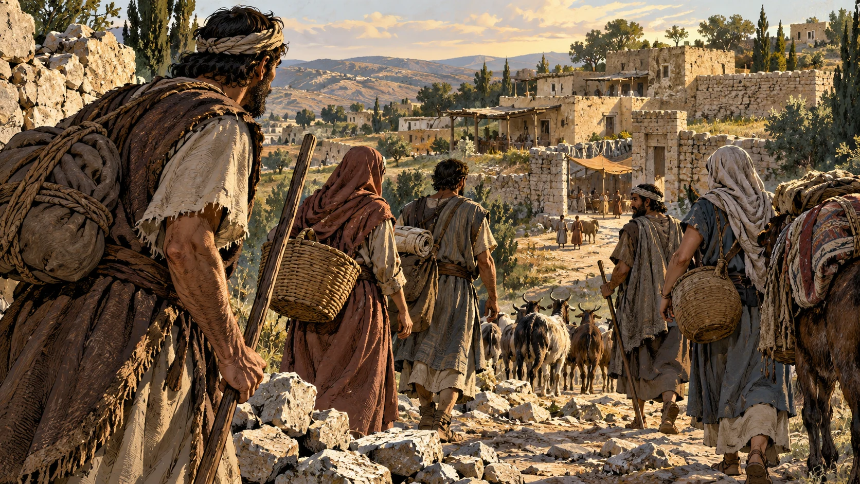 Anonymous adults turn on a rough path toward an open sheltered settlement, broken stone behind their feet, no visible deity or Gomer double.