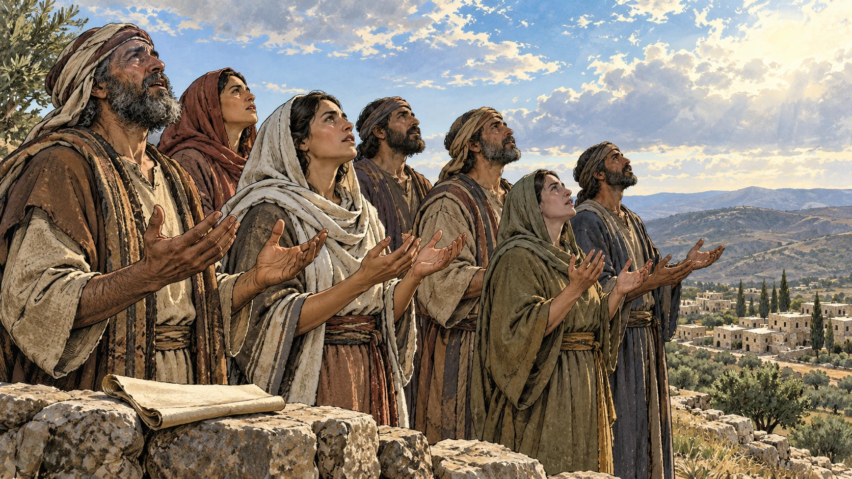 Anonymous northern Israel adults standing together in sober spoken appeal, gentle open hands, unlettered folded parchment at foreground edge; no speech text, fabricated quoted dialogue or visible God.