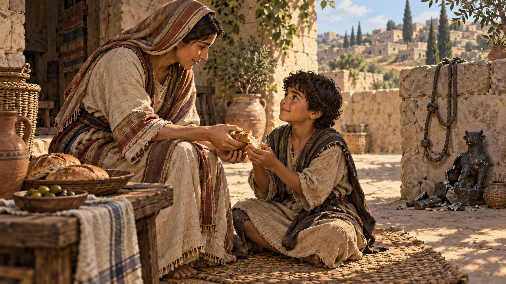Anonymous fully clothed adult gently shares bread with an orphan-age child in safe courtyard foreground, unused horse tack and small discarded idol at far edge; dignified care, no tragedy invented for a named child.