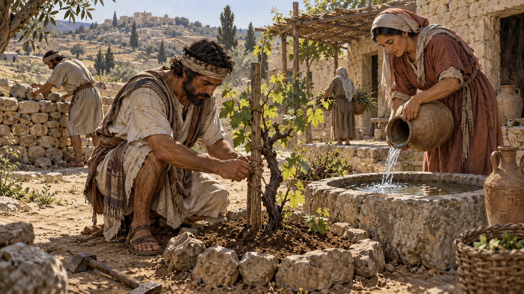 Northern settlement courtyard repairs underway, anonymous adults tend a small wounded vine with new green growth beside refilled water basin, natural warm light; no divine surgeon or guaranteed historical fulfillment.
