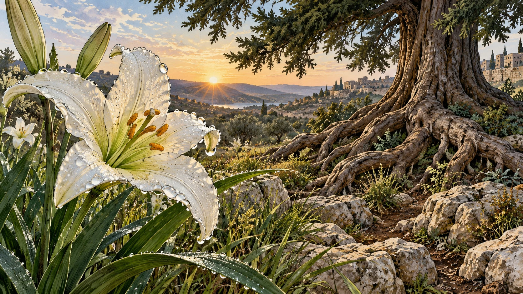 Close wild lily wet with dew, strong cedar roots visible beyond across rocky earth, fresh dawn, botanical comparison no transformed person.