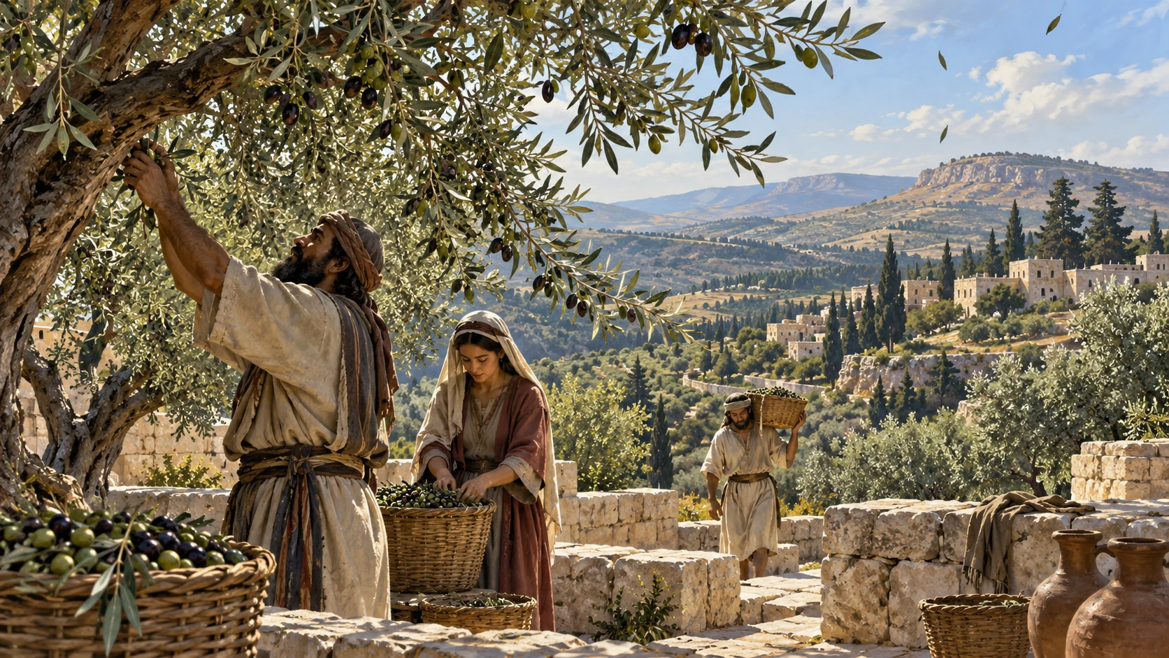Wide flourishing olive branches spread over stone terrace with distant cedar hills, wind lifts tiny leaves, no supernatural perfume smoke or gold foliage.