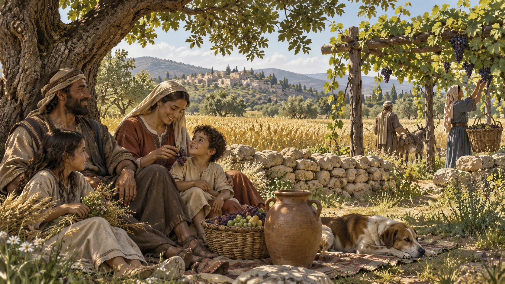 Anonymous families rest safely in broad tree shade, living grain field and flourishing vine arbor beyond with plain wine jar foreground, natural pastoral restoration promise.