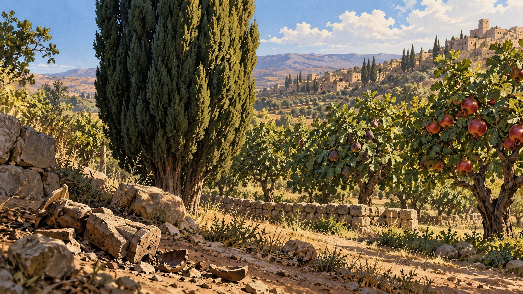 Tall flourishing cypress beside fruiting orchard, small abandoned handmade idol in dust foreground; tree not shown bearing wrong biological fruit, metaphor of provision, no God face in bark.