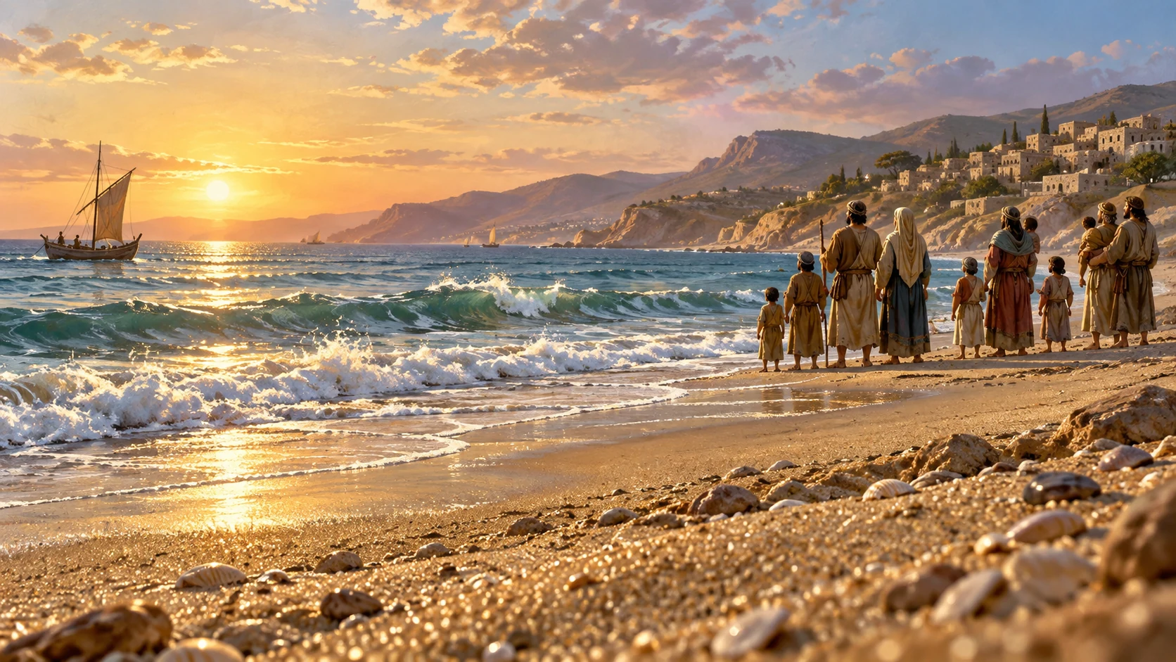 Wide Mediterranean shoreline, innumerable sand grains catching light in foreground, small anonymous Israelite families standing safely far away at shore. Promise illustration, not identified family or fulfilled census.