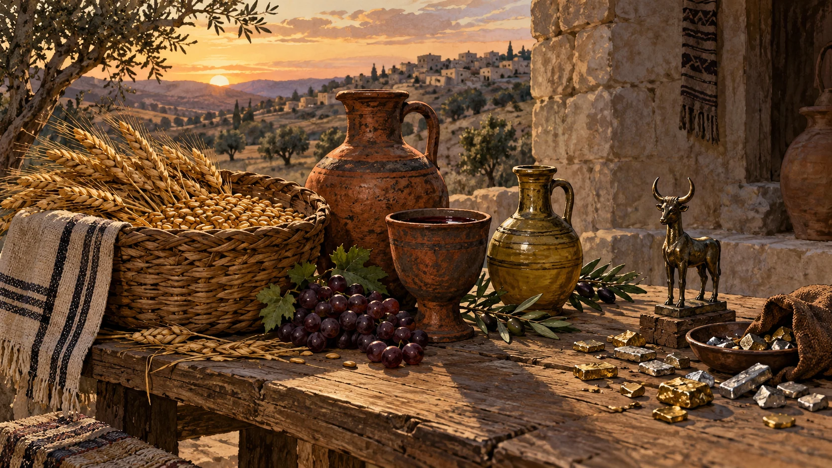 Object-centered still life: ripe grain basket, wine and oil jars contrasted with tiny crafted metal Baal figurine made from scattered silver and gold pieces on far side of bench. No embodied Yahweh.