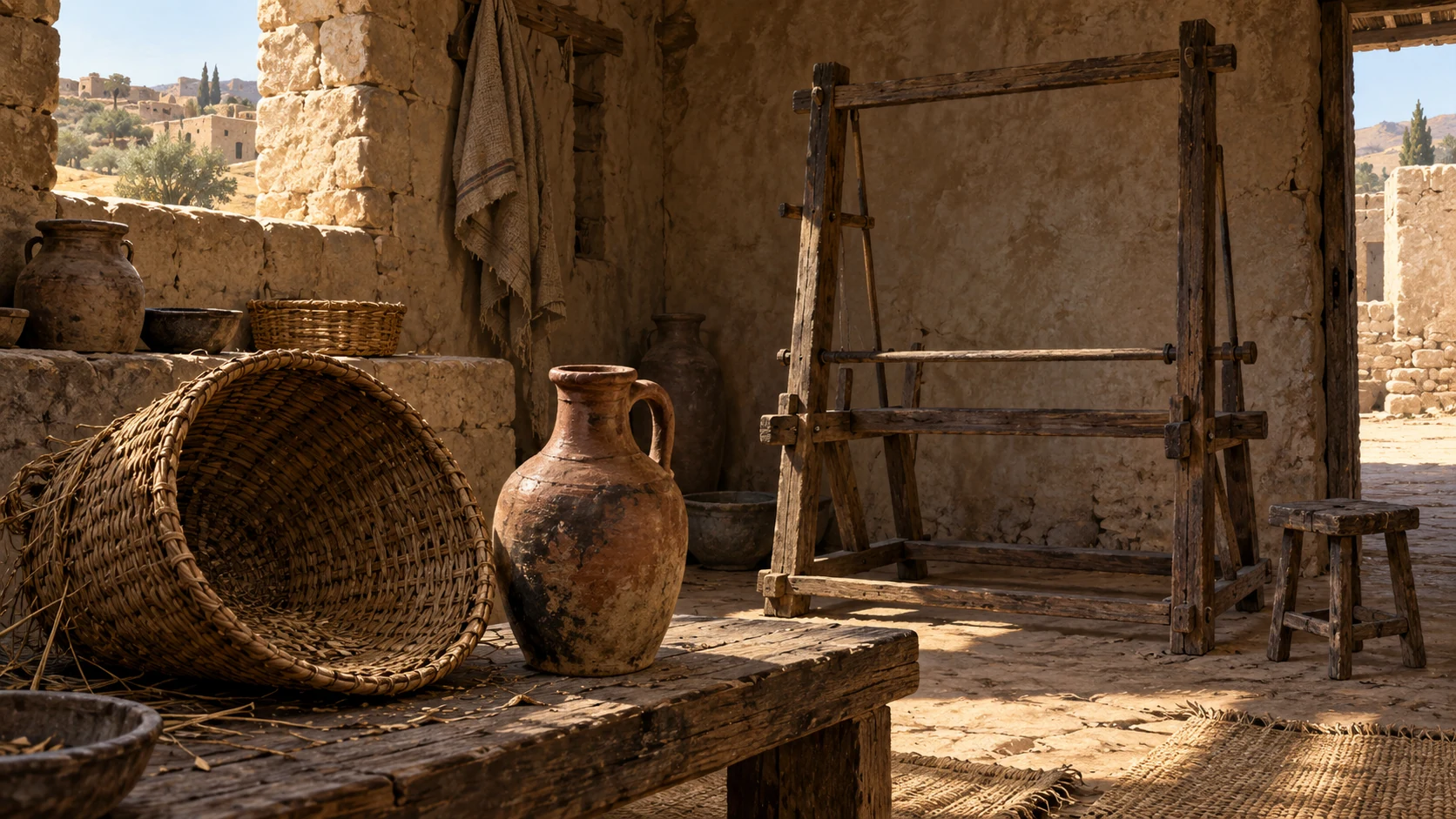 Harvest still life changed physical state: empty grain basket, dried wine jar, bare loom frame with flax spindle removed, rough household interior. No nude body or stripping enacted.
