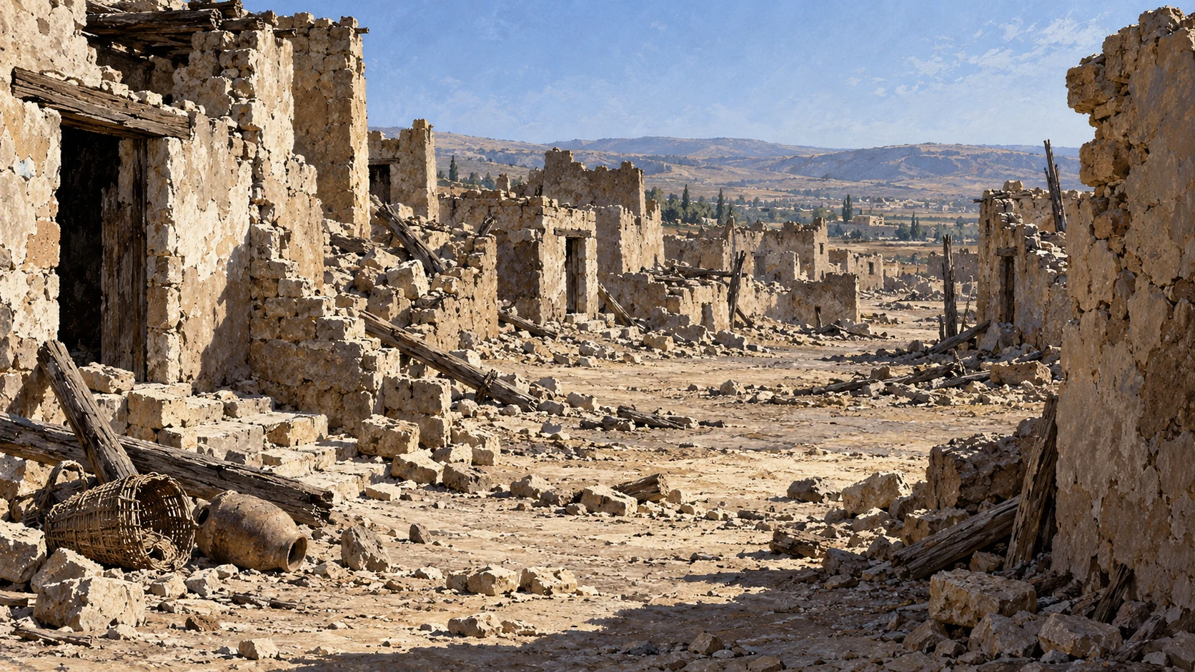 Wide bare ruined public forecourt, shelterless breached walls revealed by harsh sun, empty deserted avenues; literal architecture used as a disclosed analogy. No exposed woman or watching lovers.