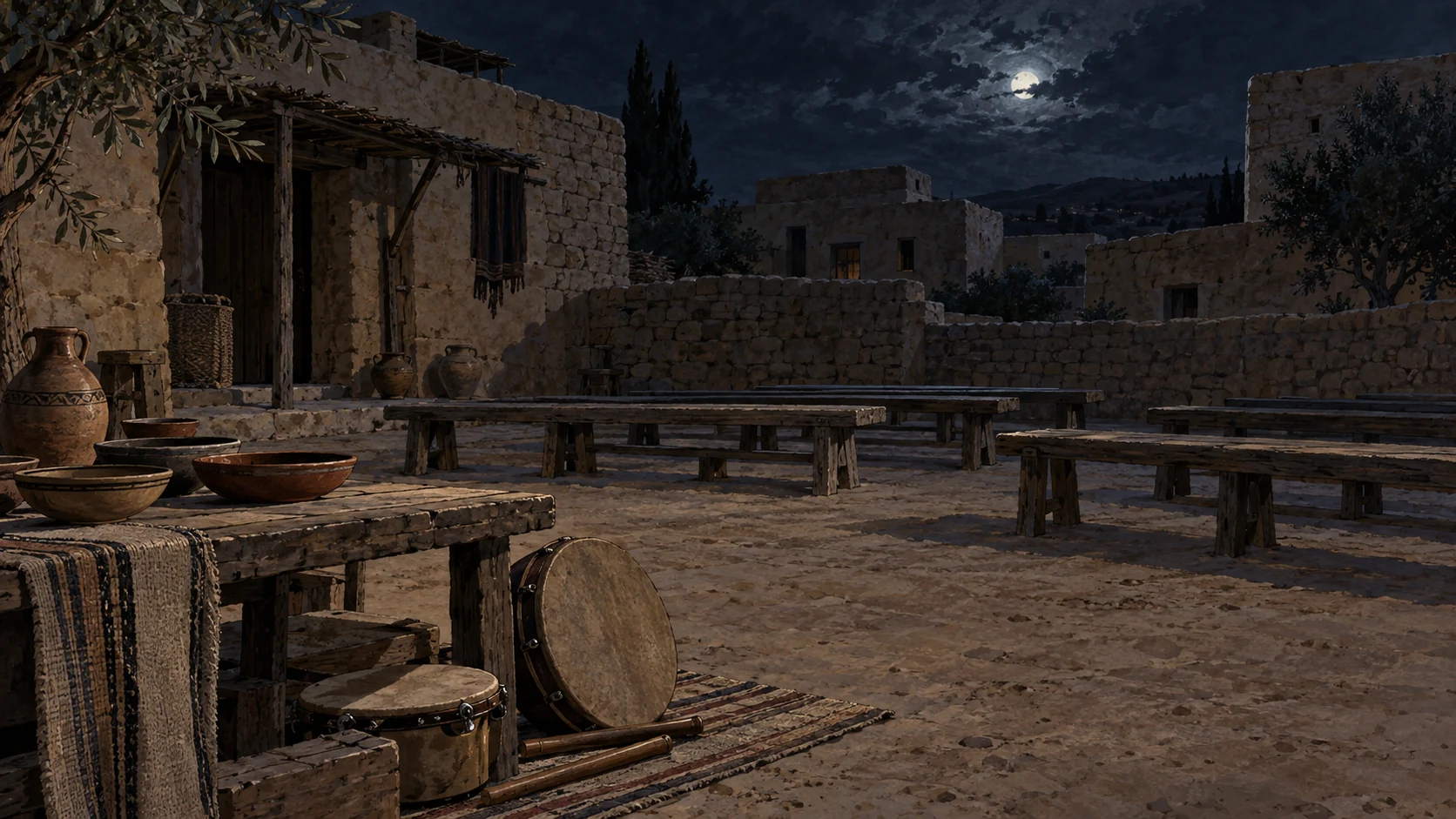 Night communal court, extinguished lamps, unused clay serving bowls and silent unlettered percussion instruments laid aside; empty benches. No specific canceled historical festival asserted.