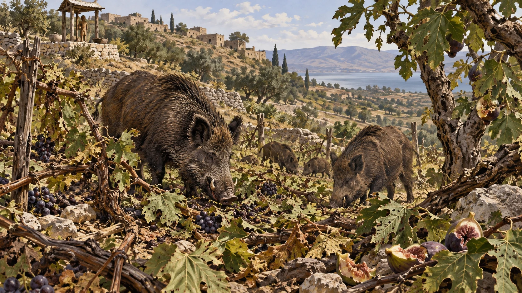 Wild boars foraging among tangled neglected vines and damaged fig trees, foreground torn leaves and half-eaten fallen fruit, wide hillside ecosystem. No gratuitous violence.