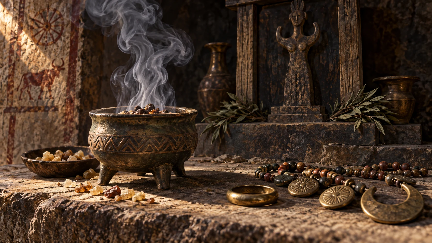 Macro still life of smoking incense bowl, simple bronze ring and ornaments set before an unlettered small pagan shrine; sharp objects, shadowed background. No Gomer likeness or sexual staging.