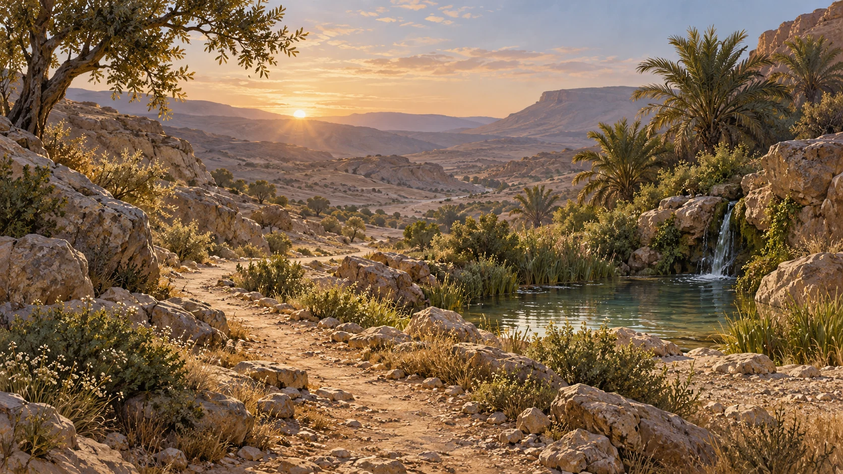 Open desert wadi at first light with gently curving path toward a sheltered spring, no human divine figure, no seductive encounter. Landscape-only image of renewed approach, restrained and hopeful.