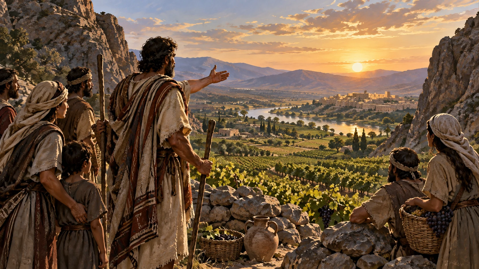 Distinct very wide valley opening from dark rocky foreground into living vineyards, an unobstructed gap between two natural stone ridges like a doorway, no literal magical portal or invented Exodus reenactment.