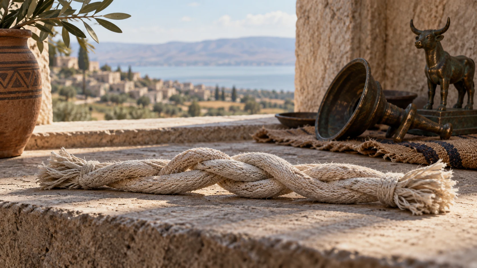 Object-only metaphor of two restored intertwined linen cords on a plain stone sill, pagan bronze ornament laid aside beyond them; soft daylight. No groom portrait, no wedding ceremony.
