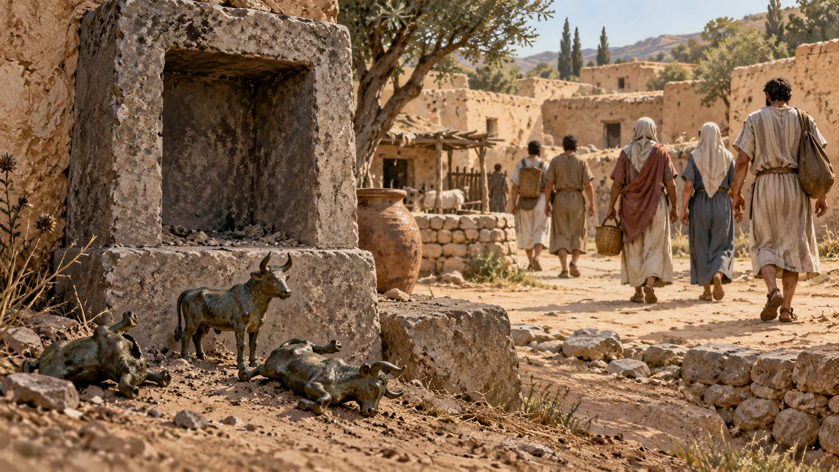 Unlettered pagan figurines abandoned in dust at foreground edge; behind them an open village communal space with anonymous small people facing away from shrine. No written names or fabricated icon smashing.