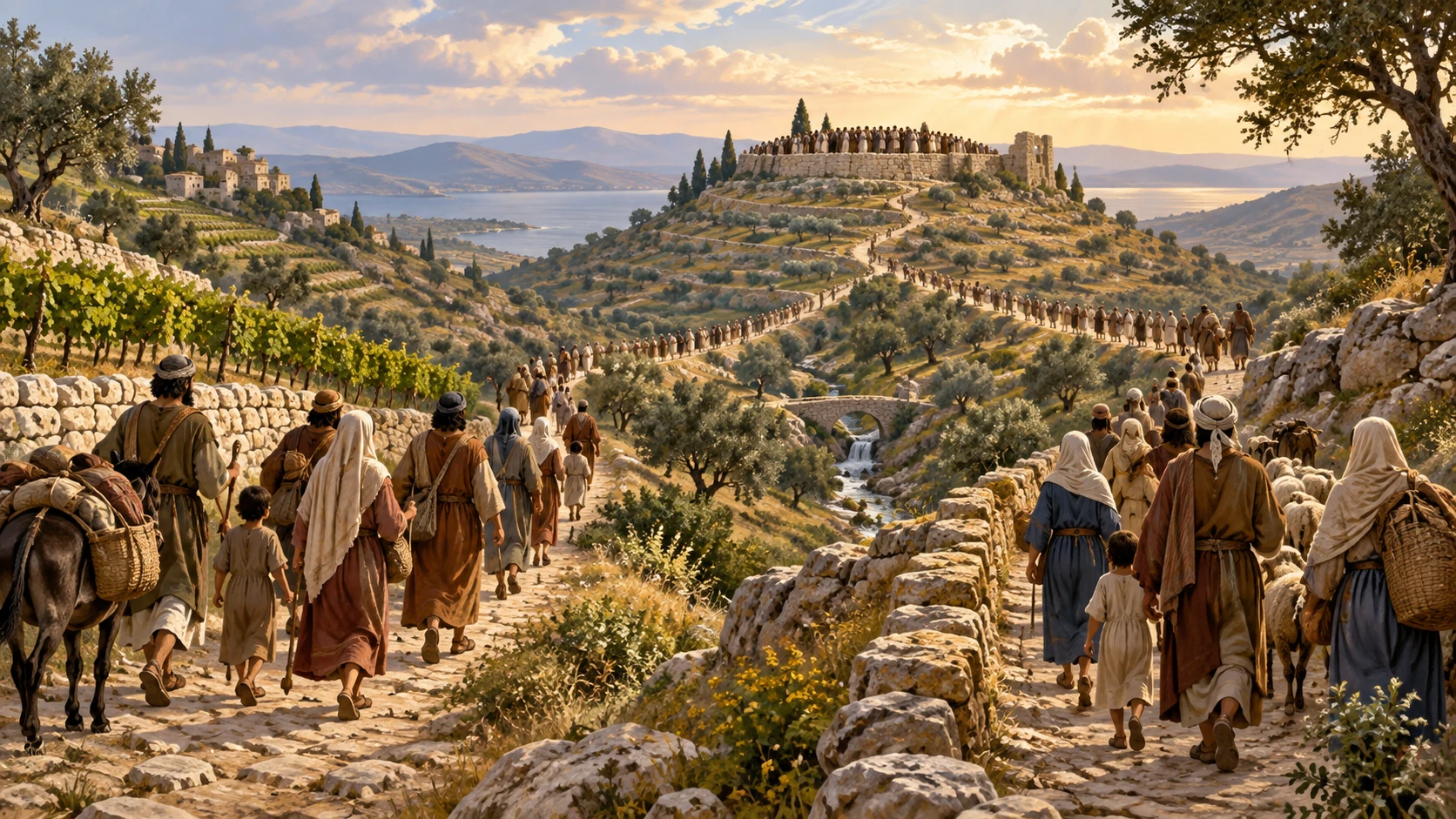 Two paths from different terraced valleys converge toward one distant hilltop assembly of anonymous fully clothed people; no crowned messiah or historical leader portrait. Spatial illustration of reunion.