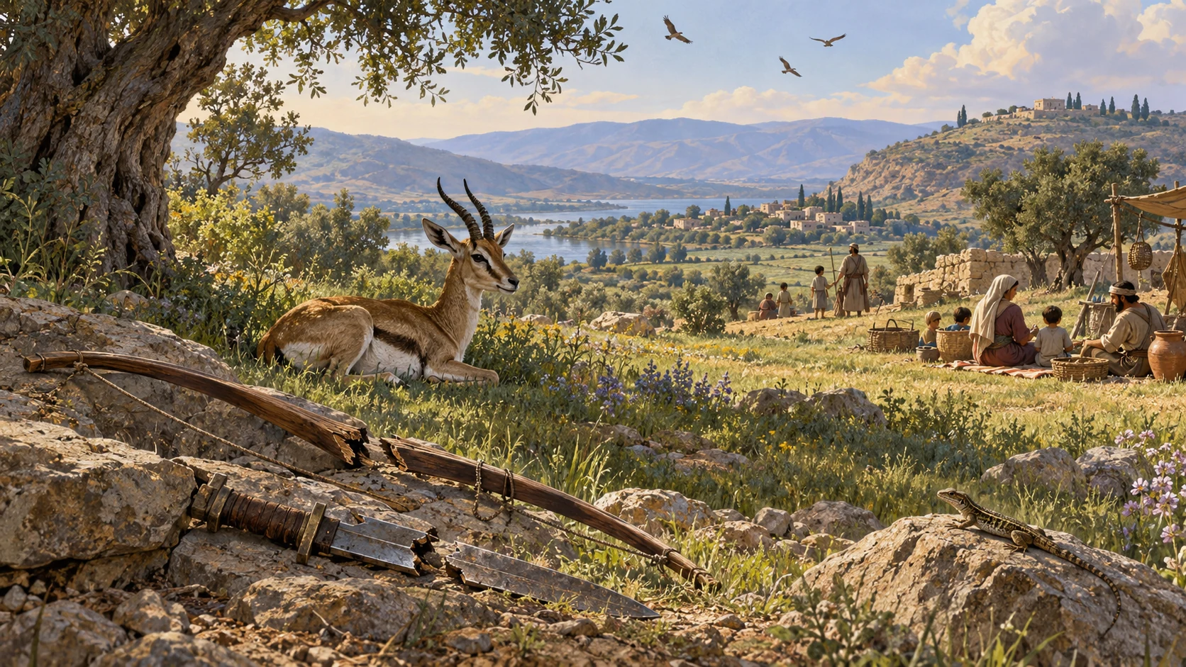 Wide peaceful field with birds, a resting wild gazelle, a small lizard and safely resting distant anonymous families; snapped bow and broken sword unobtrusive foreground. Each creature natural, no petting predators.