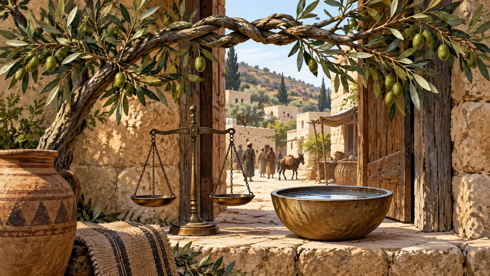 Two strong olive branches intertwine above an intact village threshold, beneath them balanced ancient scales and a plain full water bowl, modest symbolic objects for justice and care; no visible God or invented wedding.
