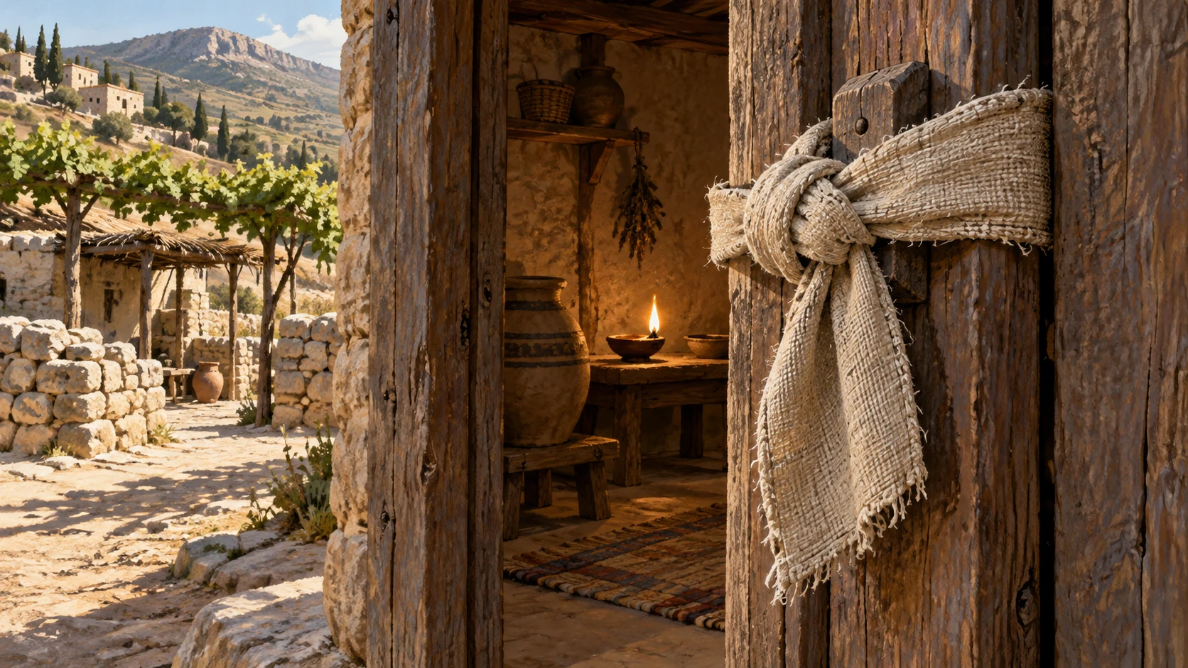 Close intact weathered linen knot securing a wooden household door, a steady burning oil lamp inside visible through opening; covenant metaphor without magical light or divine figure.
