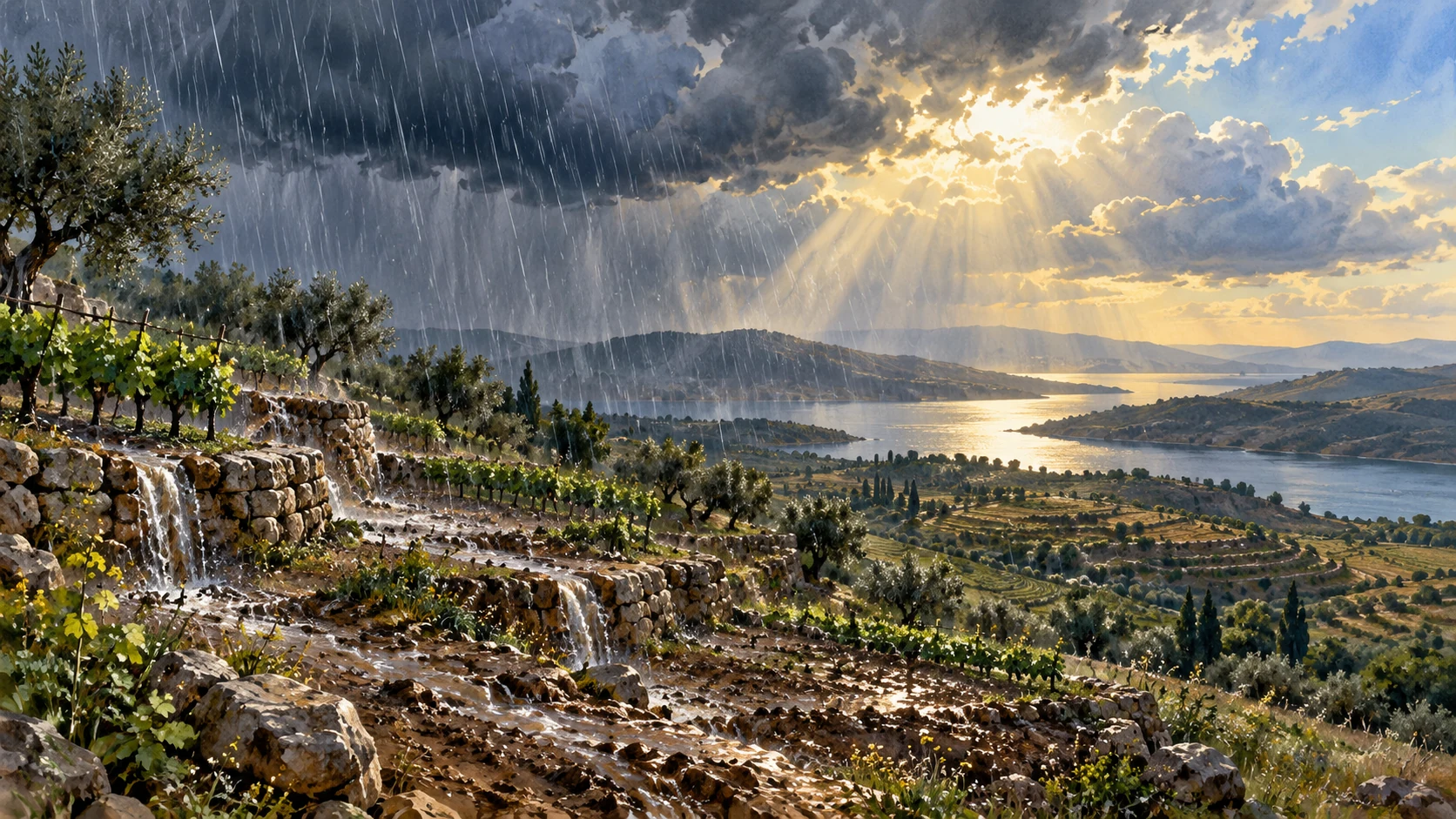 Expansive storm clearing as rain falls onto thirsty terraced earth, strong vertical movement of water and horizon, no human face in clouds or disembodied deity.