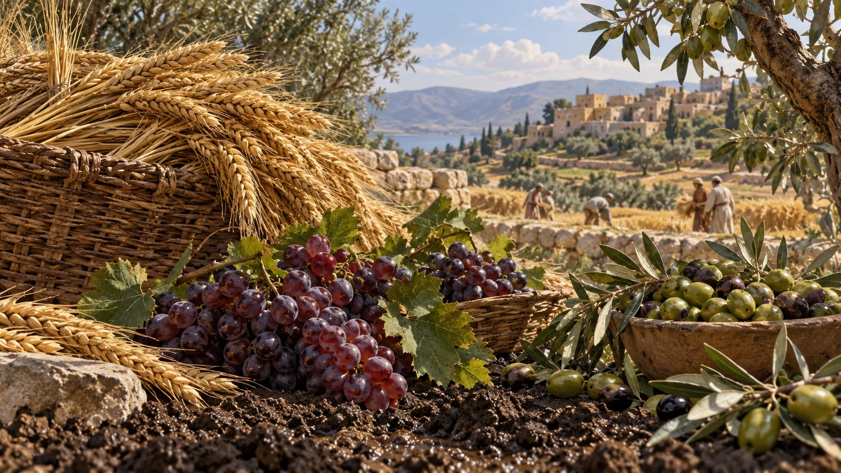 Low close harvest composition: wheat heads, ripe grapes and fresh olives on living branches, dark moist earth below; no transformation spectacle, renewed fertility illustrates the oracle.