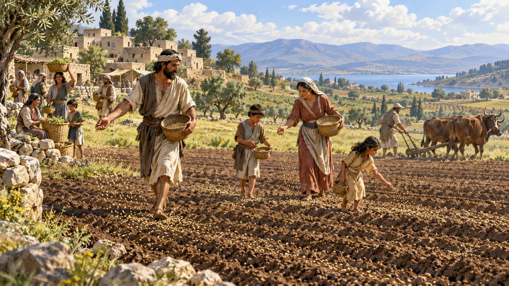 Anonymous northern Israel farming community sowing seeds across broad fertile field, groups of adults and children safe at settlement margin; hopeful horizontal composition, no Gomer double, no personal claim that children were renamed historically.