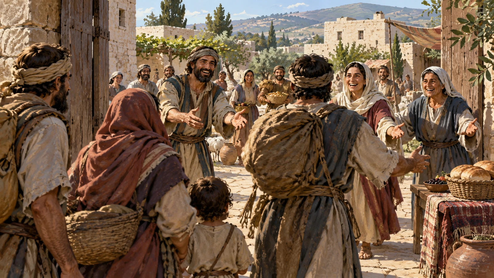 Medium anonymous northern Israel community welcoming men and women across an open courtyard threshold, warm generous expressions and empty open hands; no named cast or lettering. Restoration imagery.