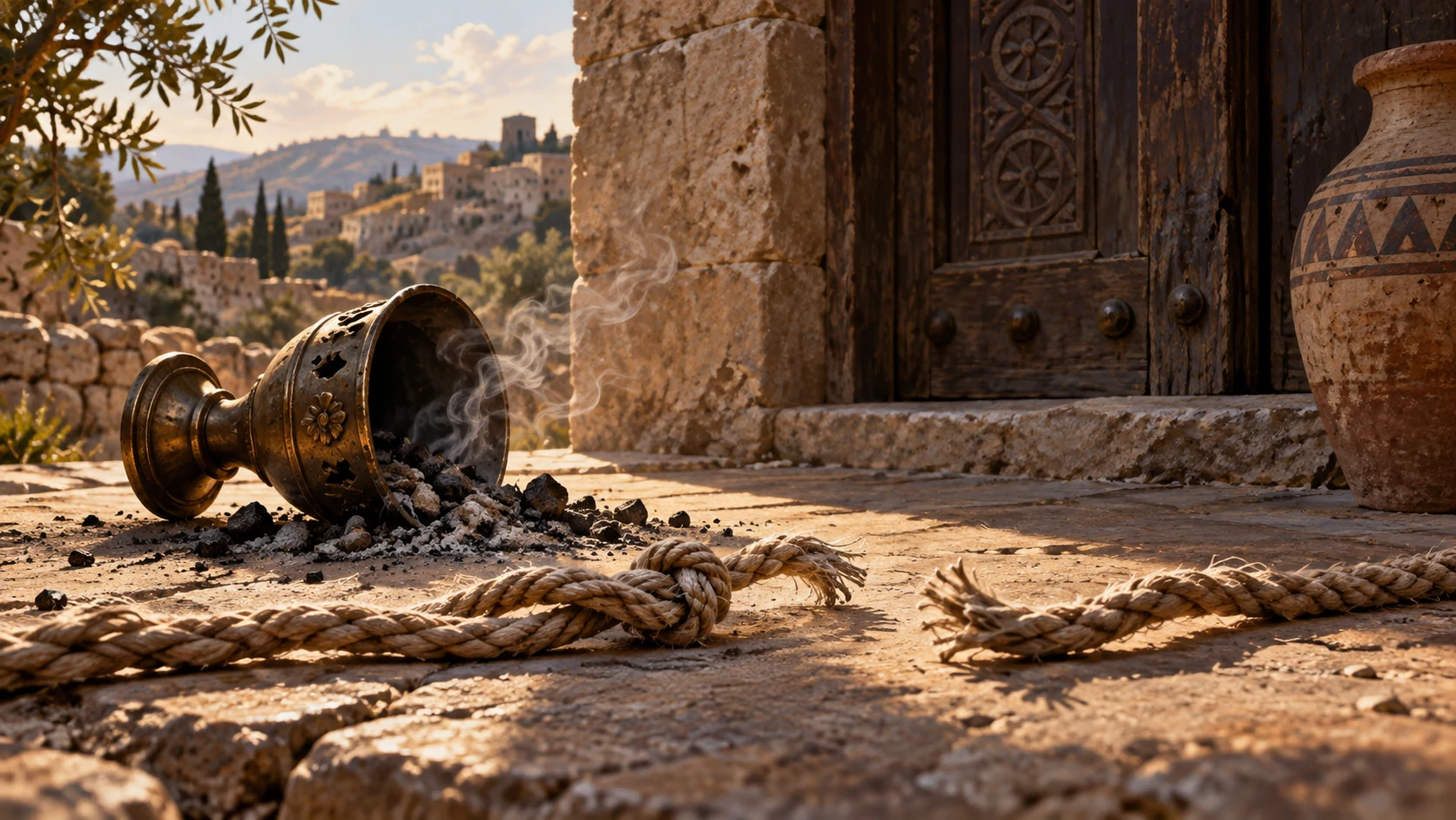 Object-only prophetic metaphor: two simple linen cords once intertwined now separated beside toppled incense cup and a stone household threshold. No humans, sexual imagery or invented physical confrontation.