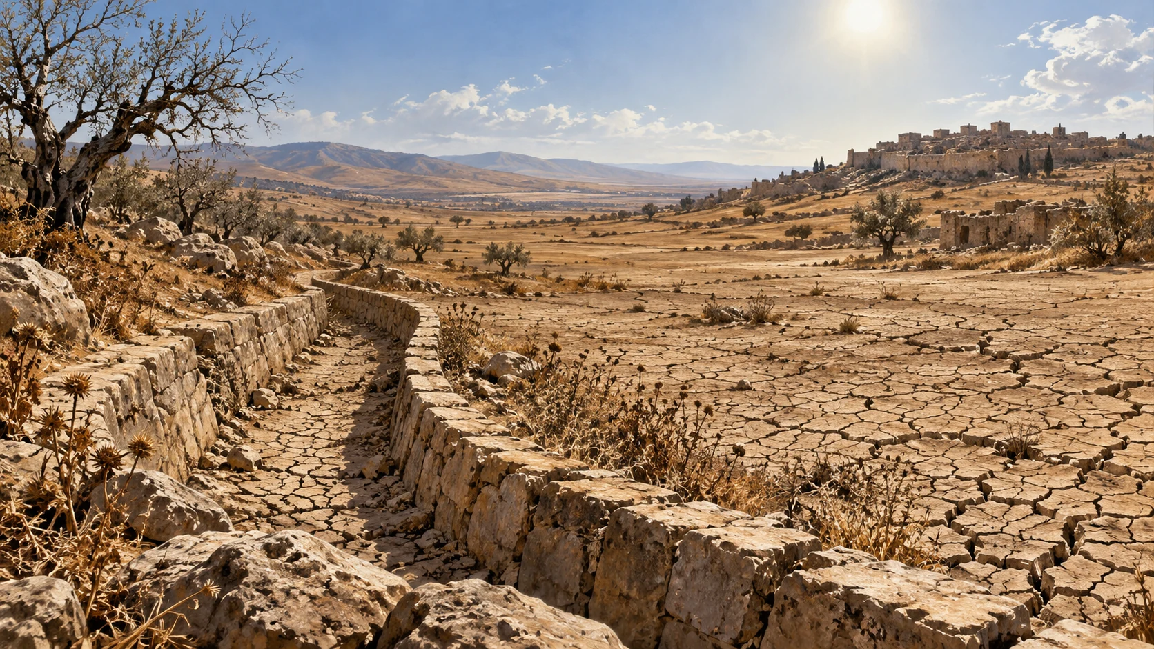 Extreme wide dry landscape and cracked earth beneath stark light, empty old irrigation channel, no nude person or divine assailant. Interpret the verse’s explicit parched-land metaphor.