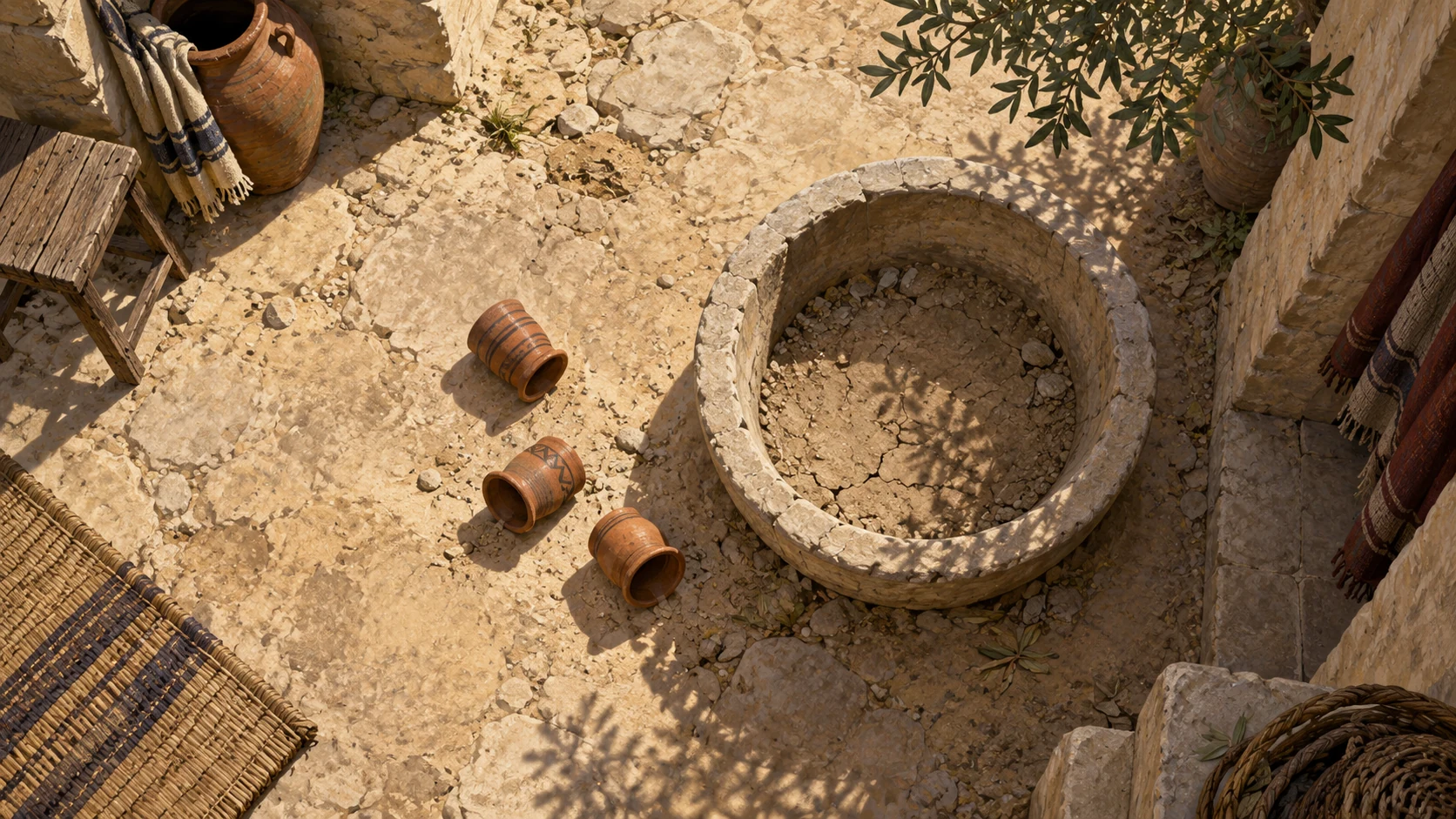 Empty courtyard with three abandoned small clay cups beside dry basin, full overhead view. Objects represent national consequence; no babies harmed, no portrait of Hosea family.