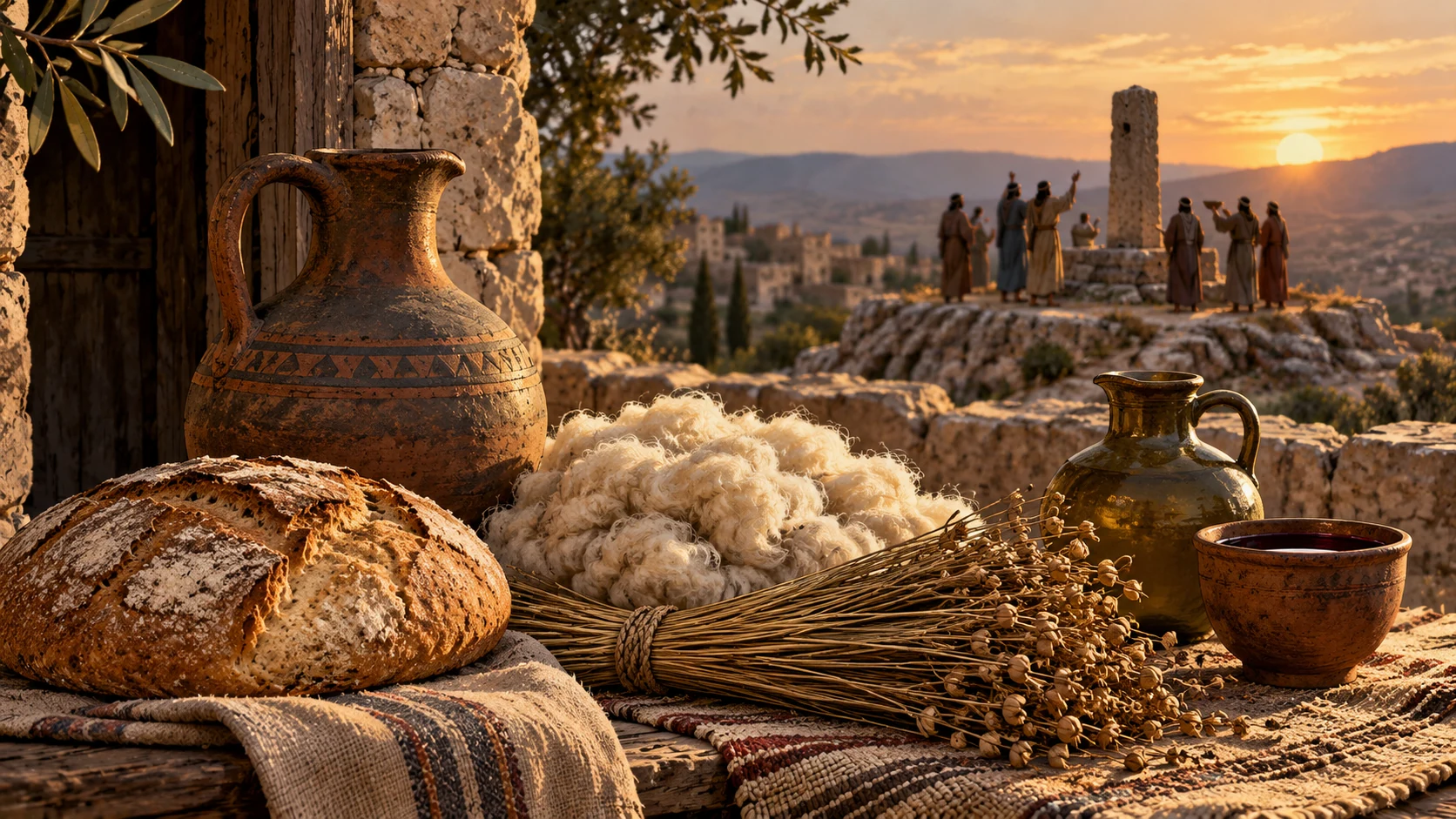 Close ancient still life of bread, water jug, raw wool, bundled flax, oil jar and wine cup in foreground, distant out-of-focus small pagan shrine. Misattributed provision illustrated without sexual acts.