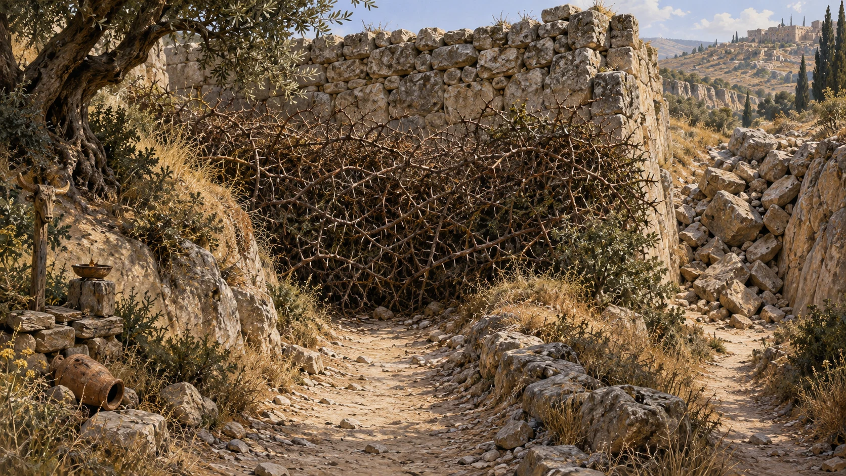 Eye-level narrow winding ancient path blocked by dense thorn hedge with rough stone wall beyond, a single alternate path visible but ending. No person imprisoned, purely prophetic landscape metaphor.