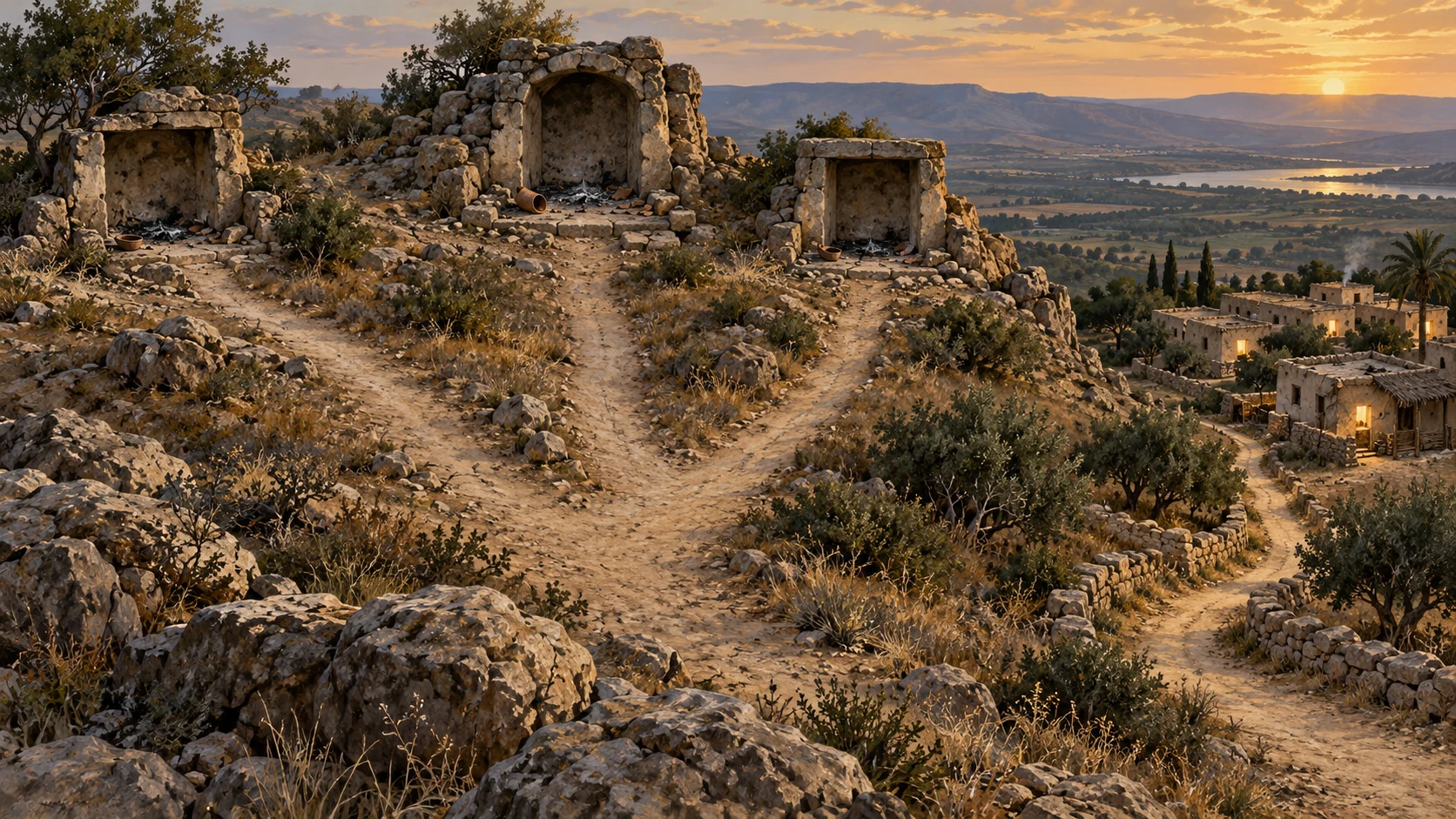 High wide view of three dry tracks ending at deserted idol niches while a fourth track turns back toward a modest roofed settlement with light in windows. National metaphor, no staged Gomer flight.
