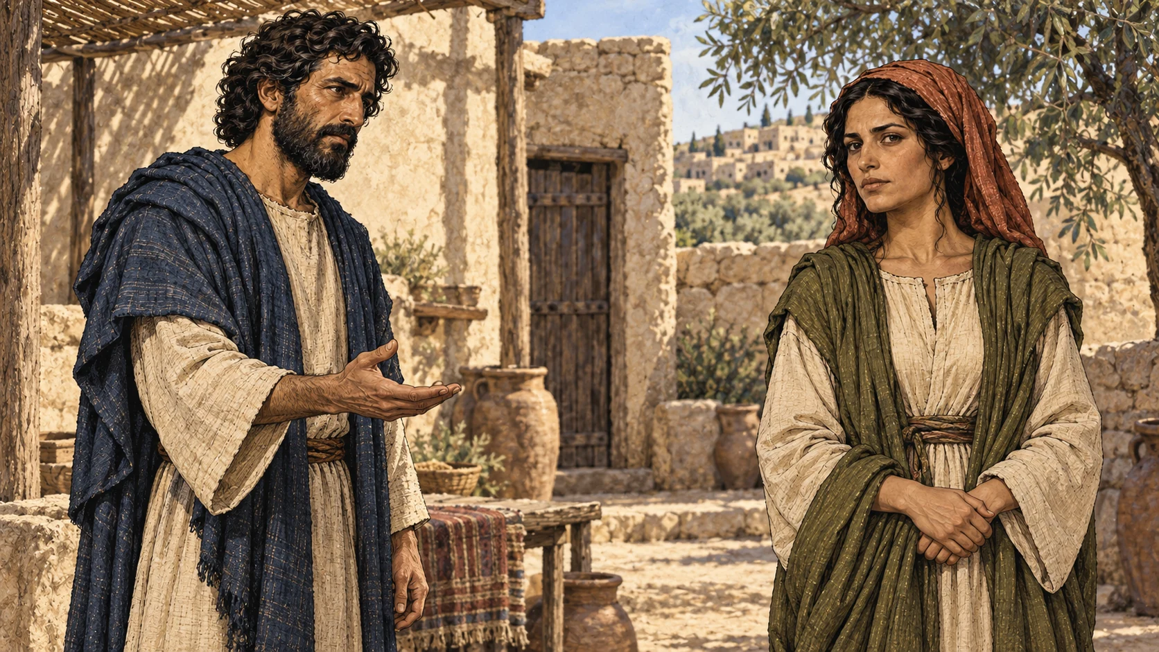 Narrative medium view: Hosea and the unnamed adult woman with Gomer-like appearance stand apart in a humble courtyard, Hosea’s open hand expressing a sober renewed approach, not possession. No touch, no lover, no God figure.