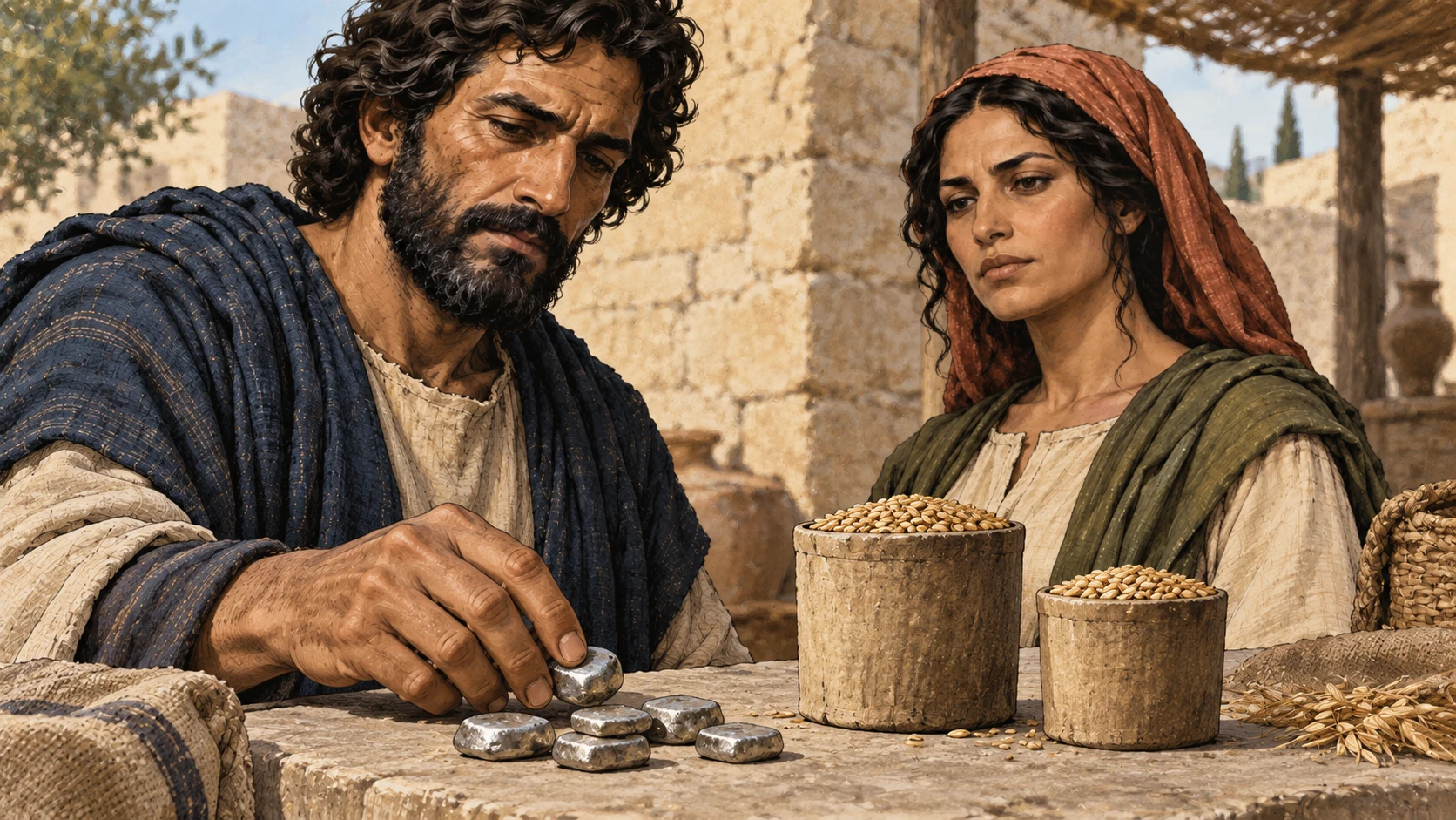 Narrative close object insert of a small pile of ancient unmarked silver weight pieces and two unequal barley measures on stone bench; Hosea’s indigo sleeve at left, fully clothed Gomer-like woman at rear, no auction, chain or invented seller. Do not assert exact ancient coinage.