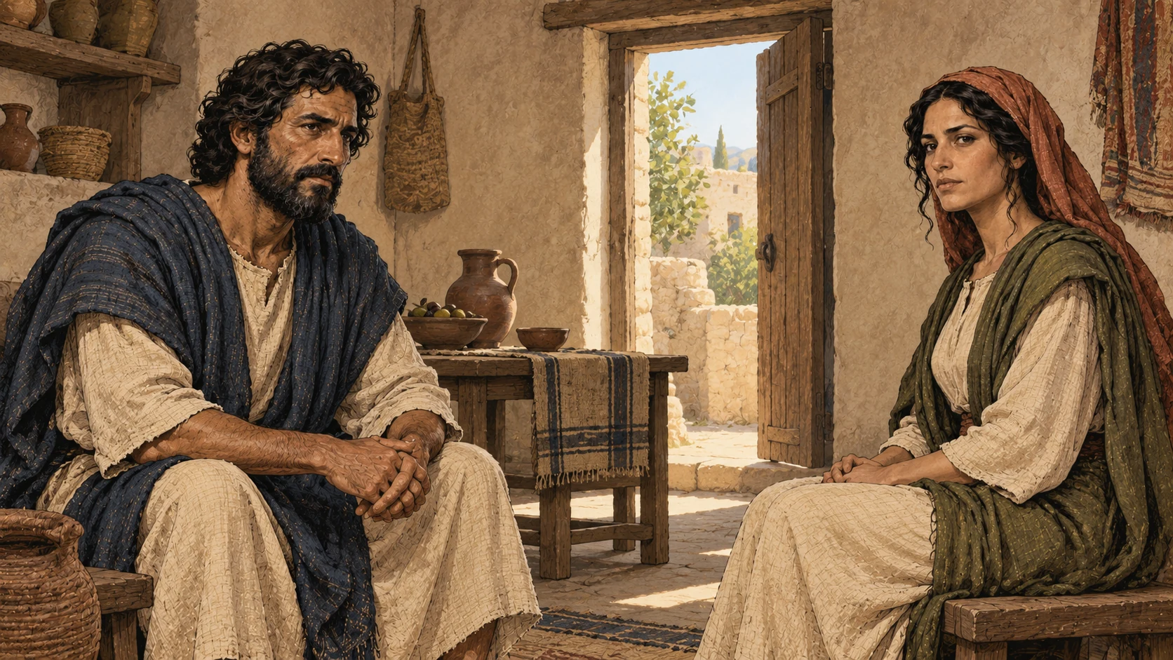 Narrative reverse view: Hosea and the woman seated separately across a simple household room, sober attentive faces, open doorway and daylight, no imprisonment, chains, violence, sexual intimacy or invented dialogue.