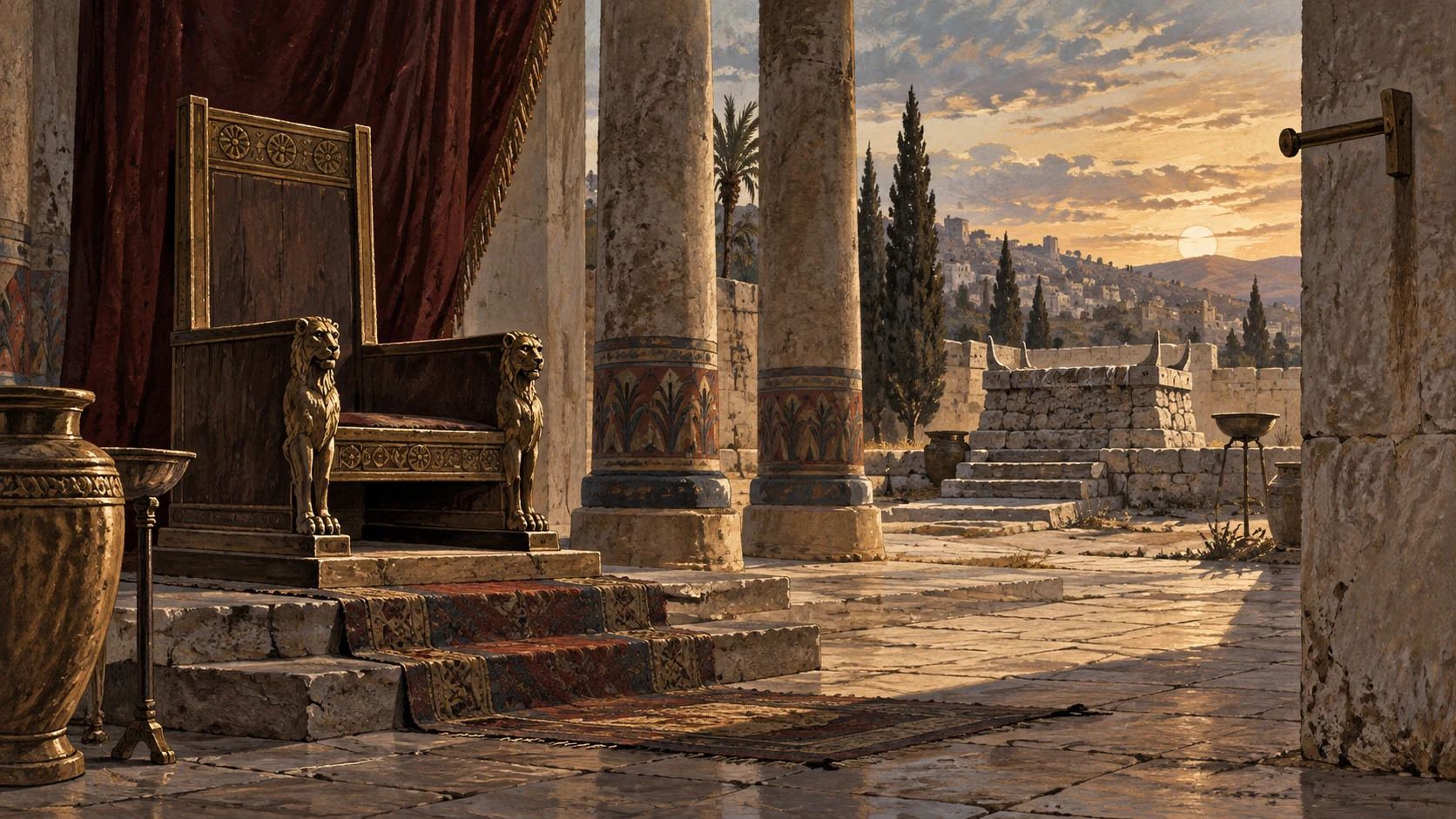 Prophetic object-only image: vacant plain royal seat in a desolate court, unused stone altar at distance and bare peg where ritual garment might hang. No royal portrait or king identified.