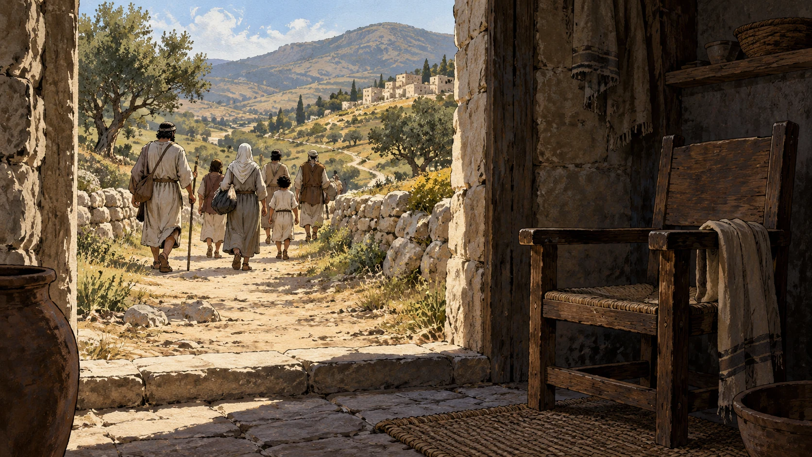 Prophetic wide anonymous Israelite community walks toward sunlit hills; an ordinary empty ancient wooden seat at foreground edge evokes promised Davidic kingship, without a named king or invented fulfillment.
