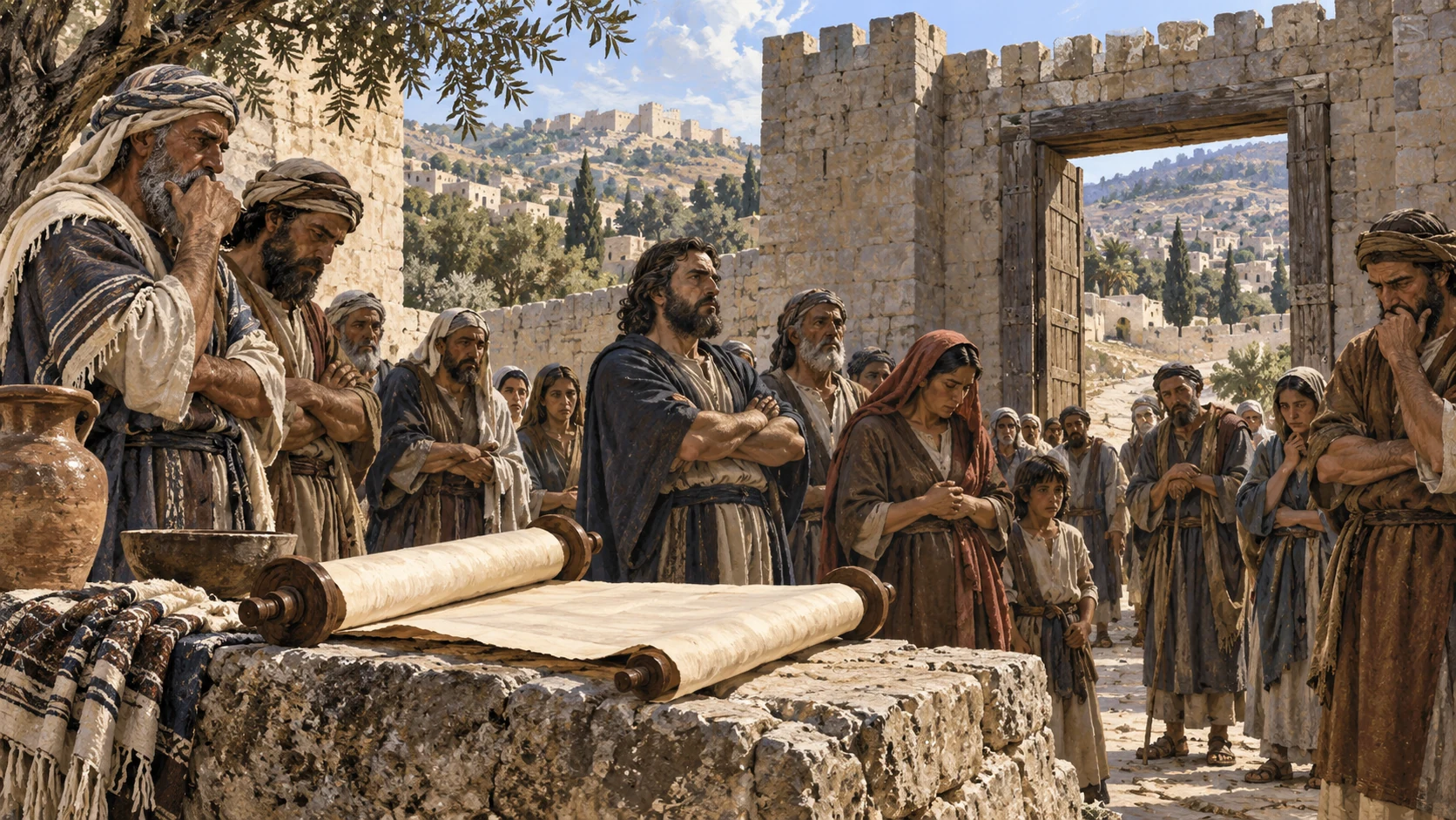Wide northern Israel public gate with anonymous elders and townspeople standing in sober silence, open abandoned unlettered scroll on foreground stone; contextual hearing of an oracle, no visible divine courtroom.