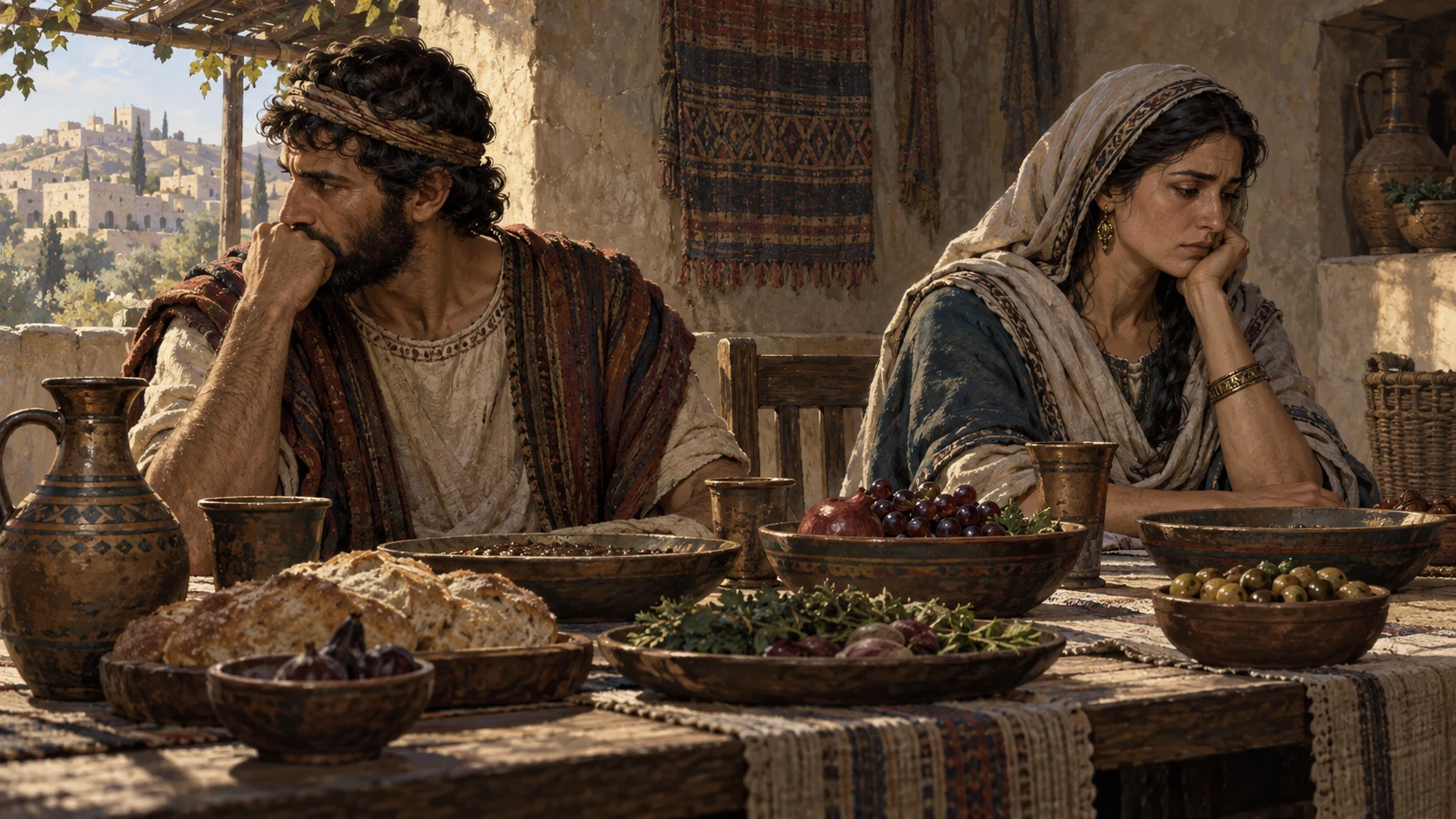 Close anonymous adults seated at an abundant but joyless ordinary meal, untouched bowls, averted gazes, no sexual tableau or staged infertility.